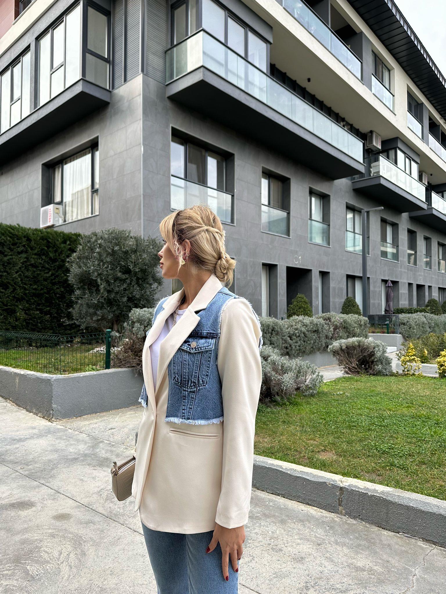 Taş Kruvaze Yaka Parça Jean Dikişli Blazer Ceket 17074535