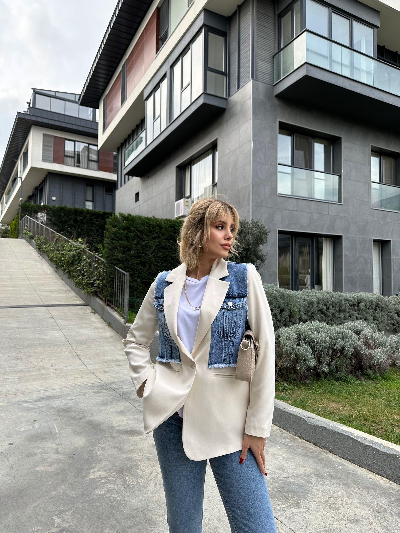 Taş Kruvaze Yaka Parça Jean Dikişli Blazer Ceket 17074535