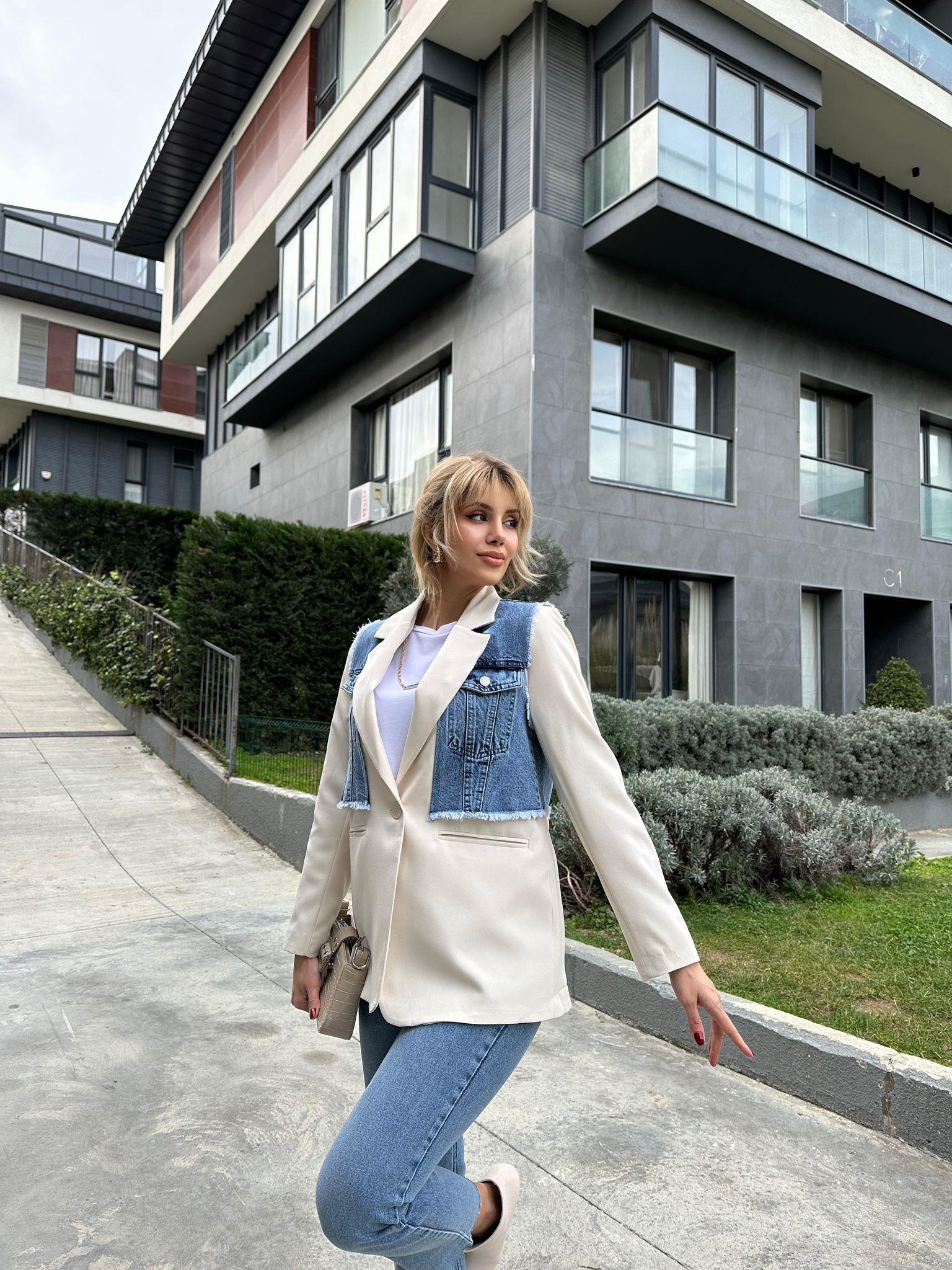Taş Kruvaze Yaka Parça Jean Dikişli Blazer Ceket 17074535