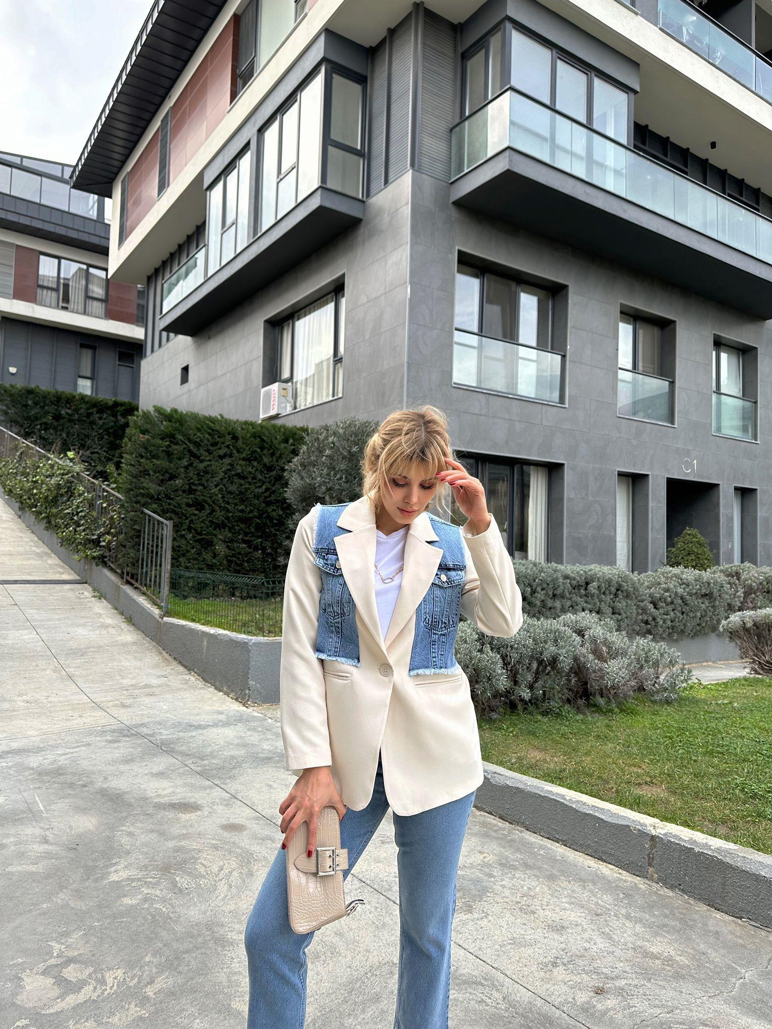 Taş Kruvaze Yaka Parça Jean Dikişli Blazer Ceket 17074535