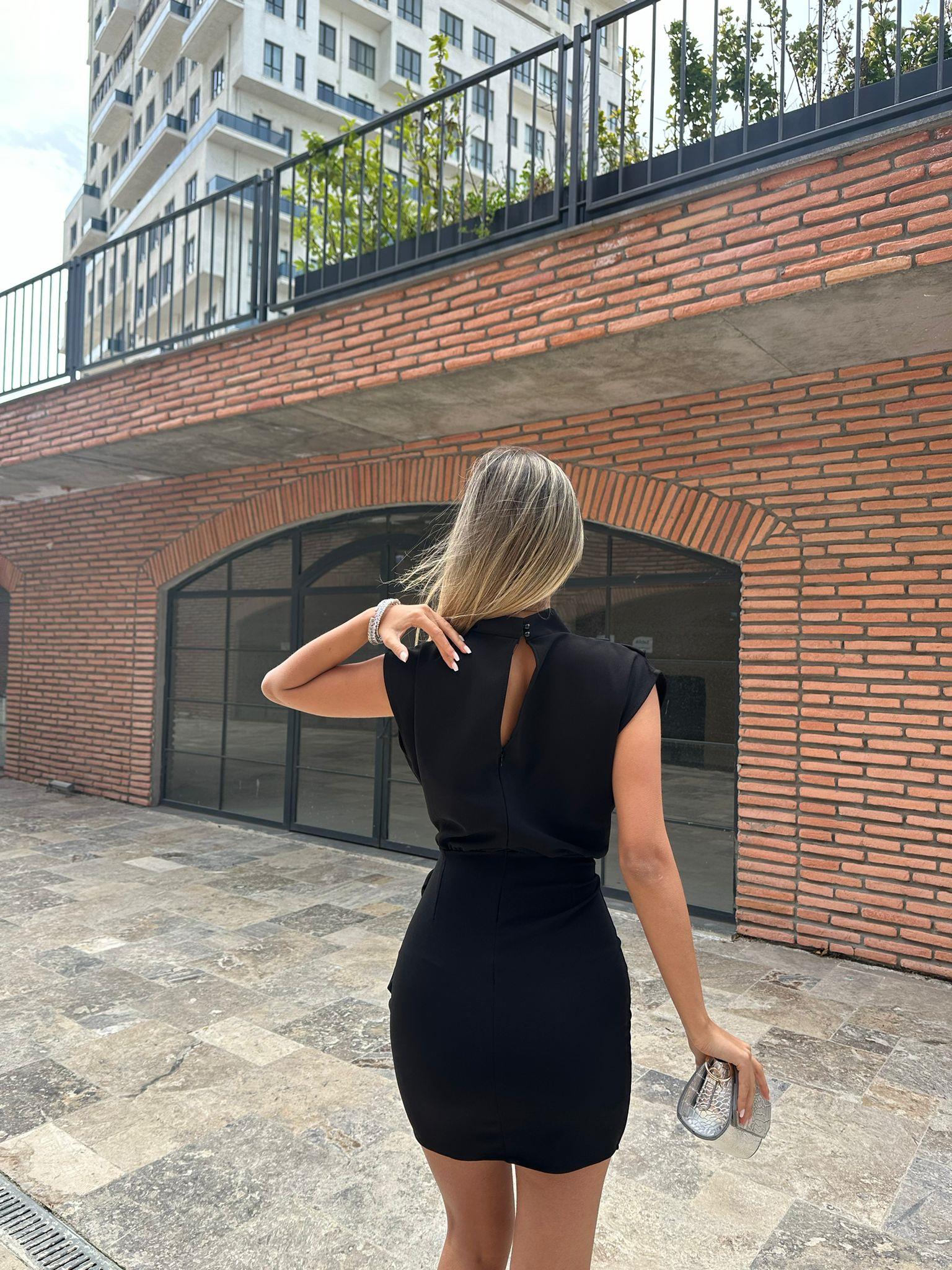 Taşlı Aksesuar Detay Kolsuz Elbise Saks Siyah 07062110