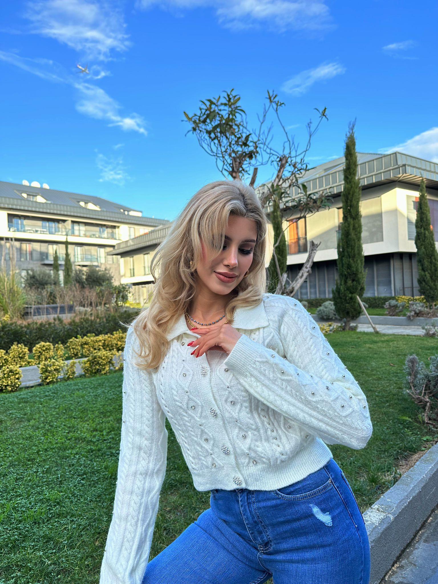 Taşlı Babe Beyaz Hırka 1707573