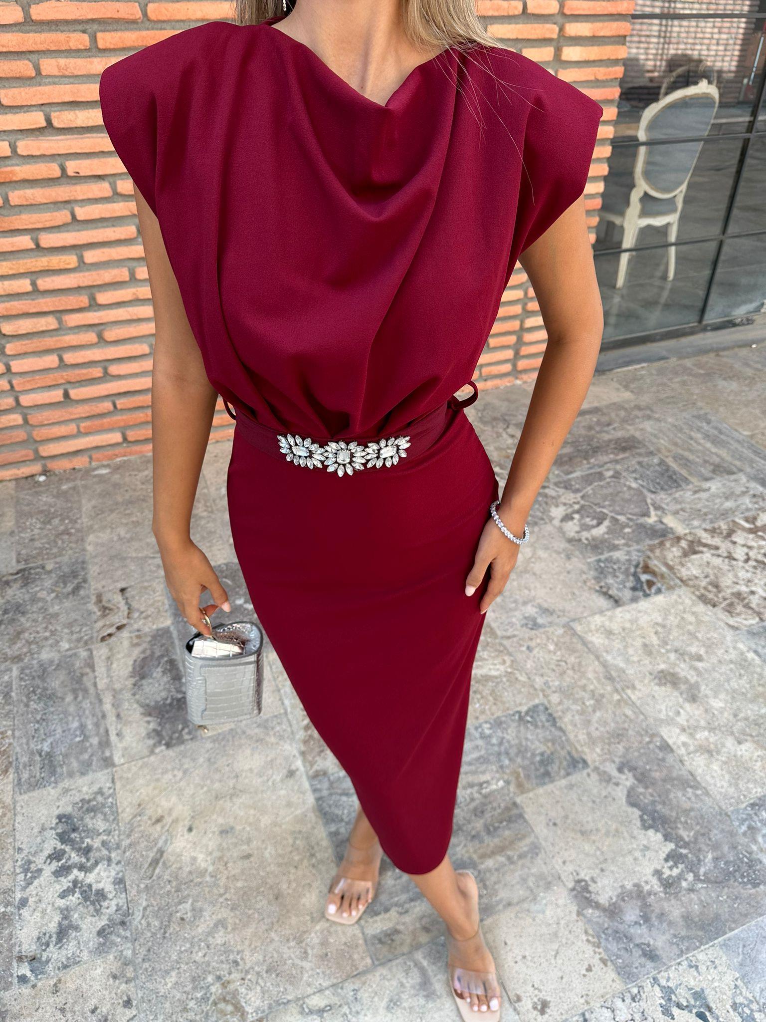 Taşlı Çiçek Kuşaklı Bordo Crep Elbise 070621223