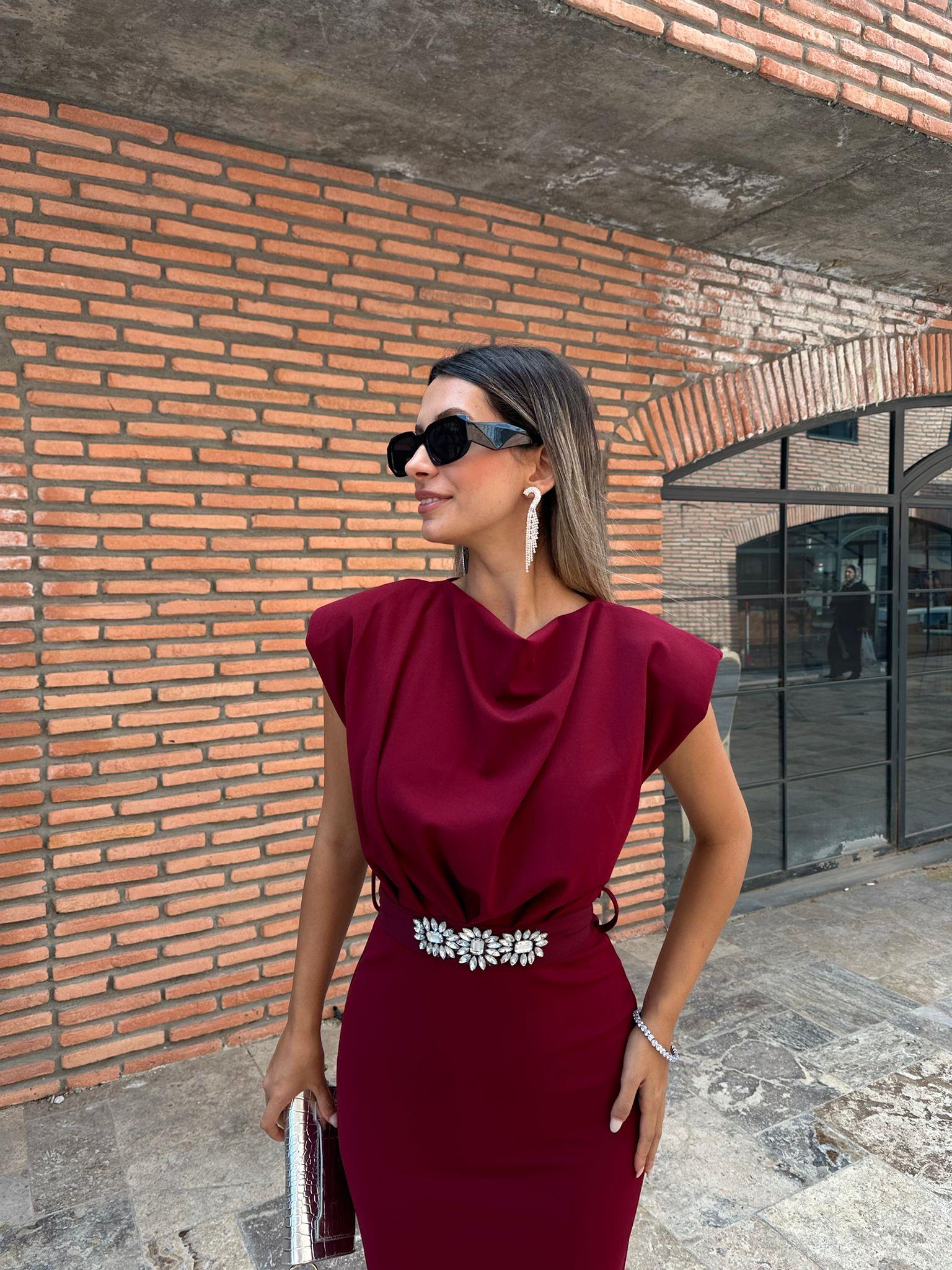 Taşlı Çiçek Kuşaklı Bordo Crep Elbise 070621223