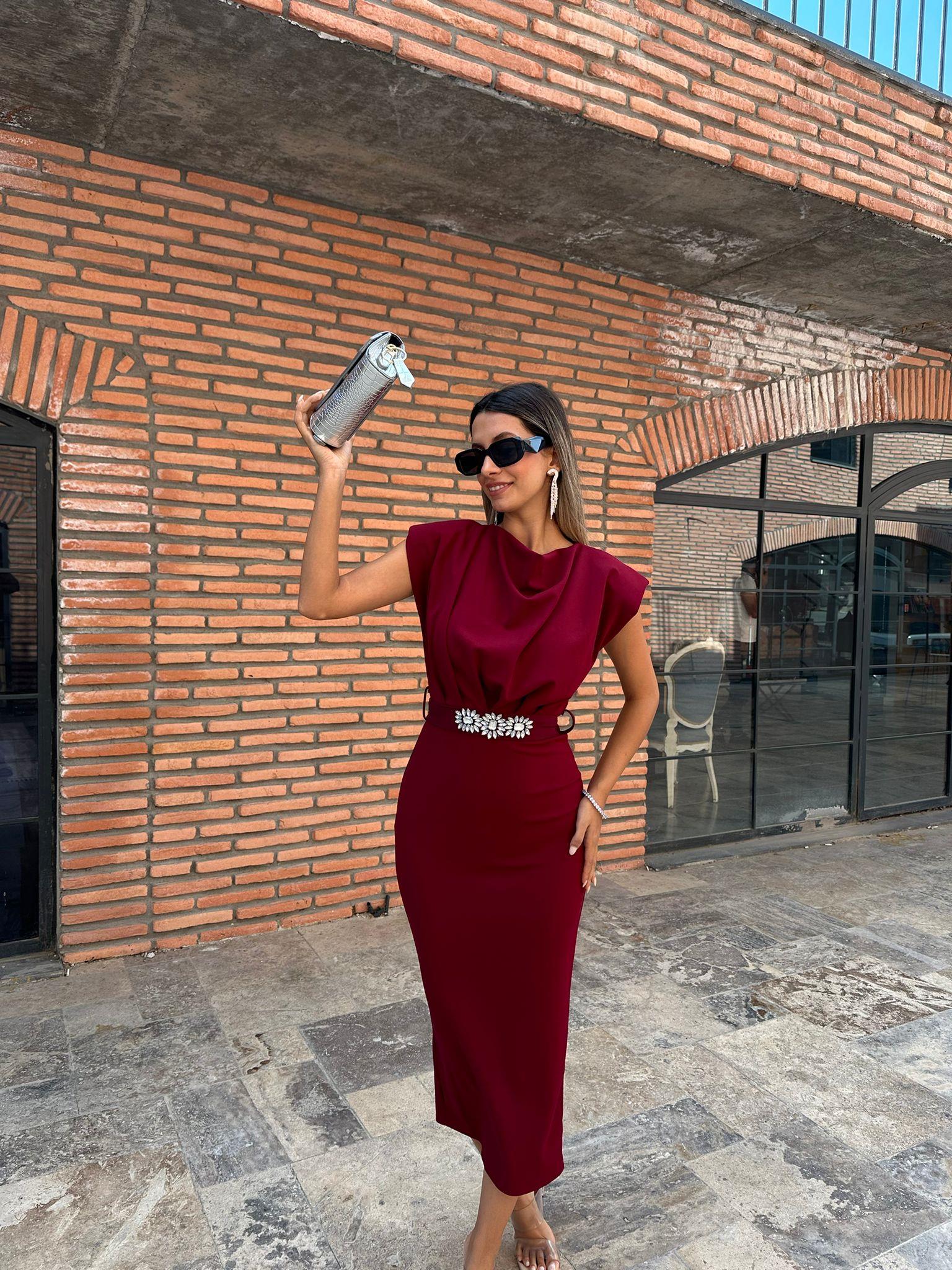Taşlı Çiçek Kuşaklı Bordo Crep Elbise 070621223