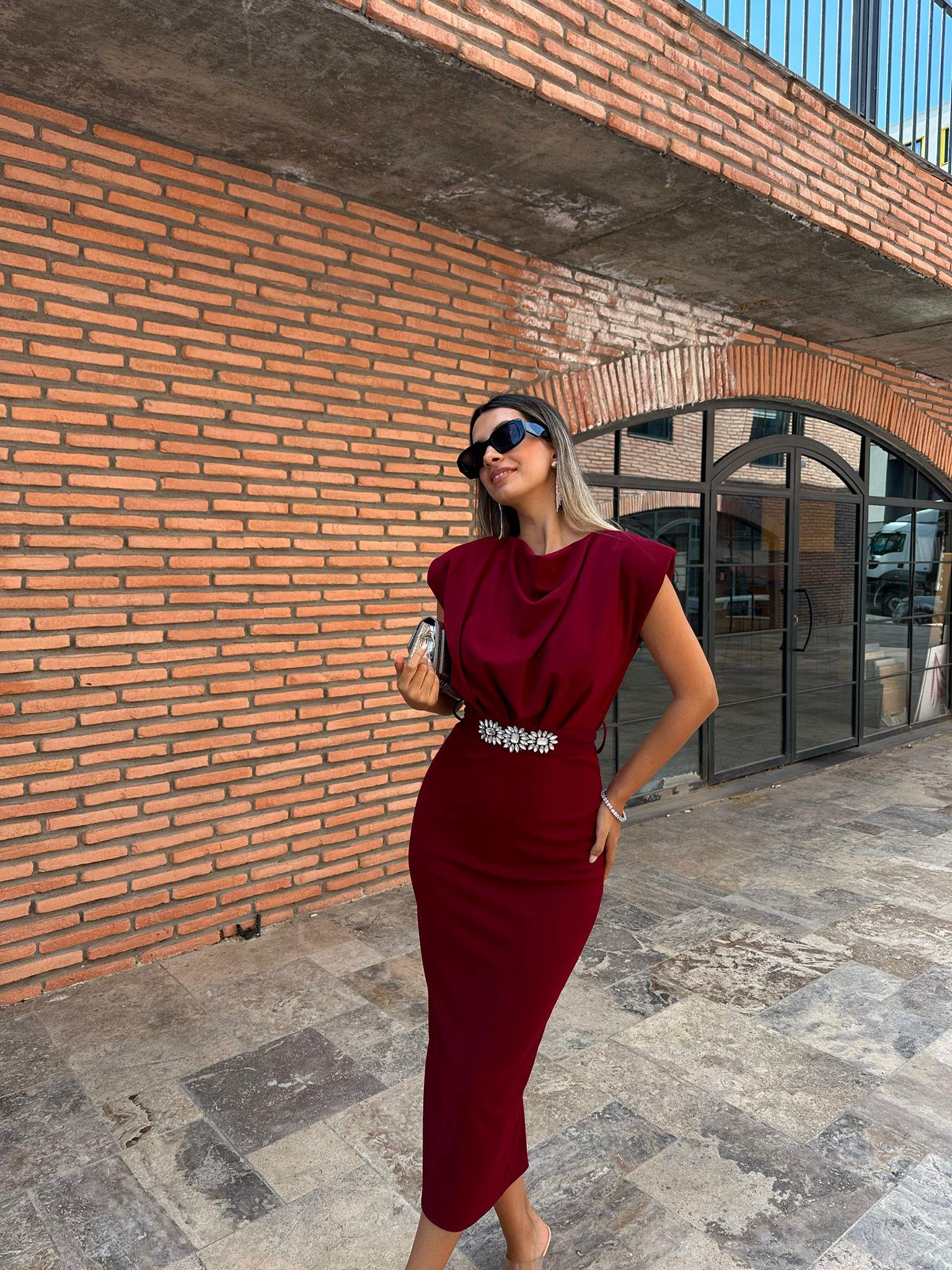 Taşlı Çiçek Kuşaklı Bordo Crep Elbise 070621223