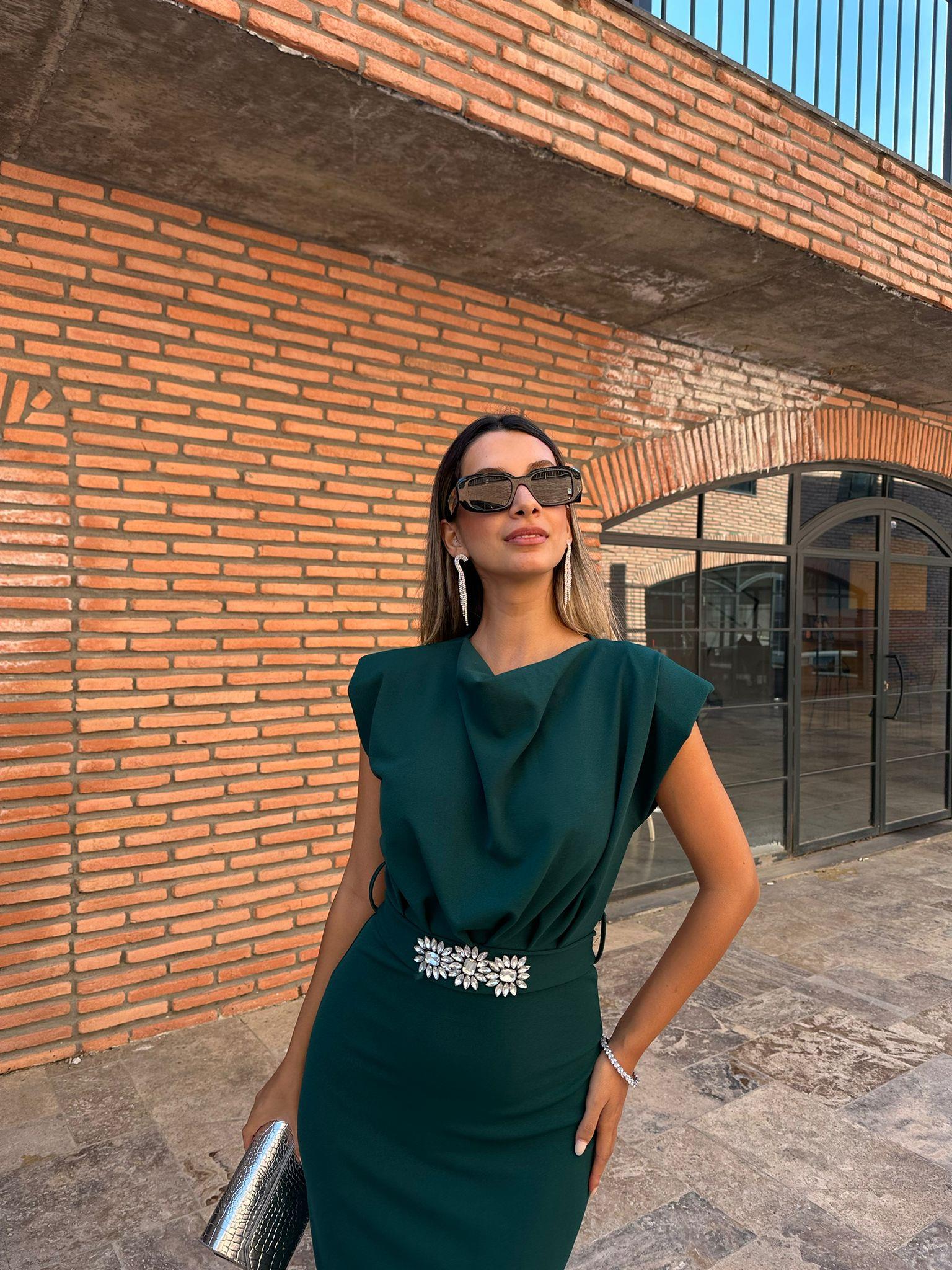 Taşlı Çiçek Kuşaklı Çam Yeşili Crep Elbise 070621223