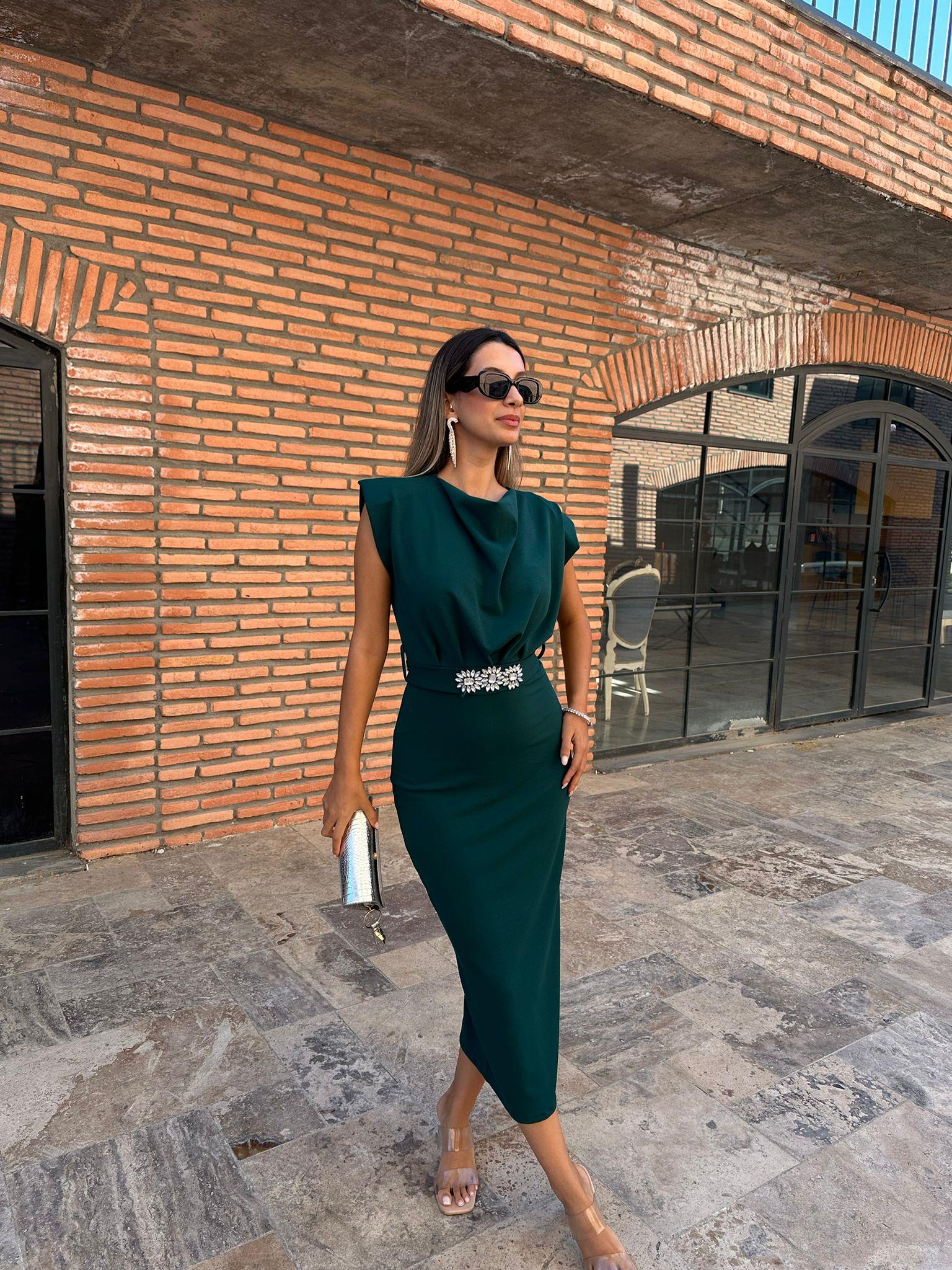 Taşlı Çiçek Kuşaklı Çam Yeşili Crep Elbise 070621223