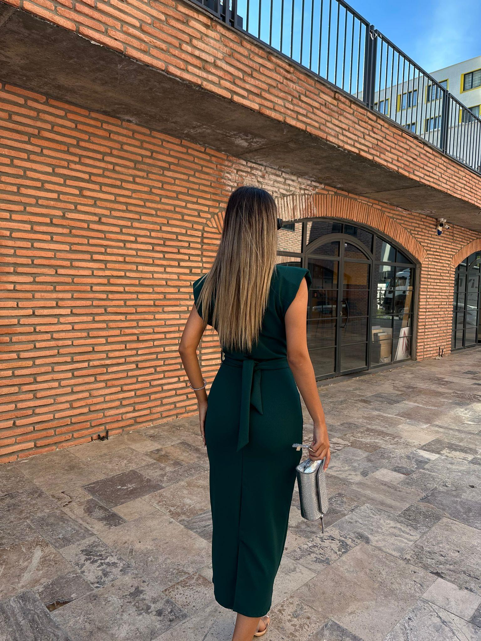 Taşlı Çiçek Kuşaklı Çam Yeşili Crep Elbise 070621223