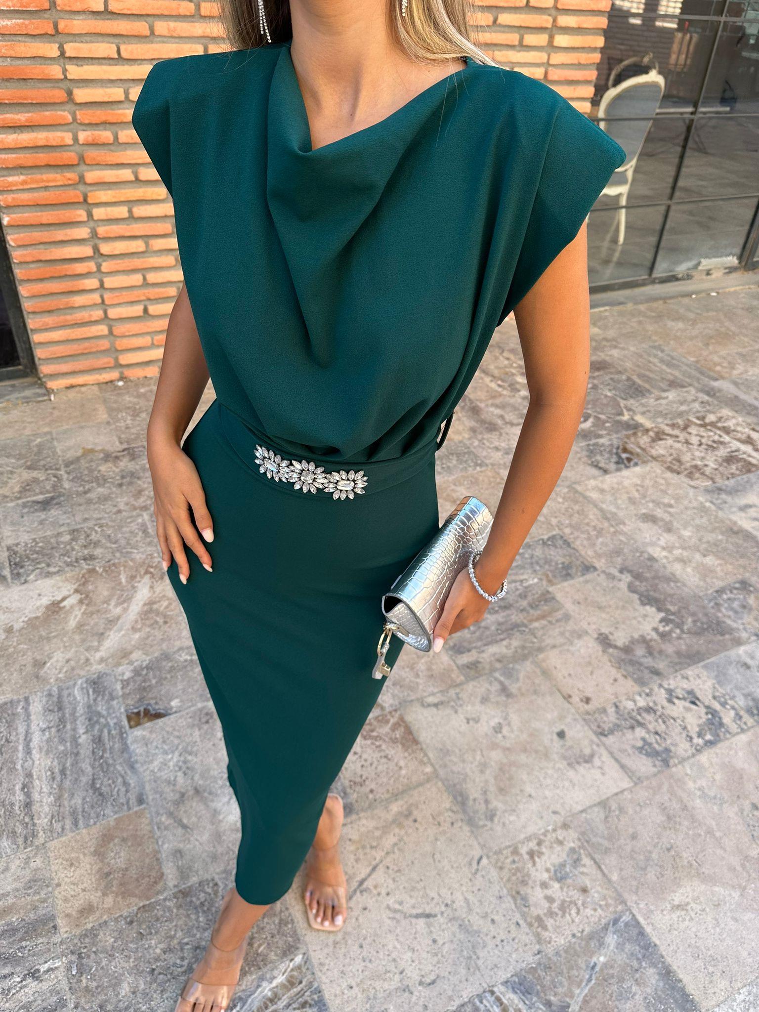 Taşlı Çiçek Kuşaklı Çam Yeşili Crep Elbise 070621223