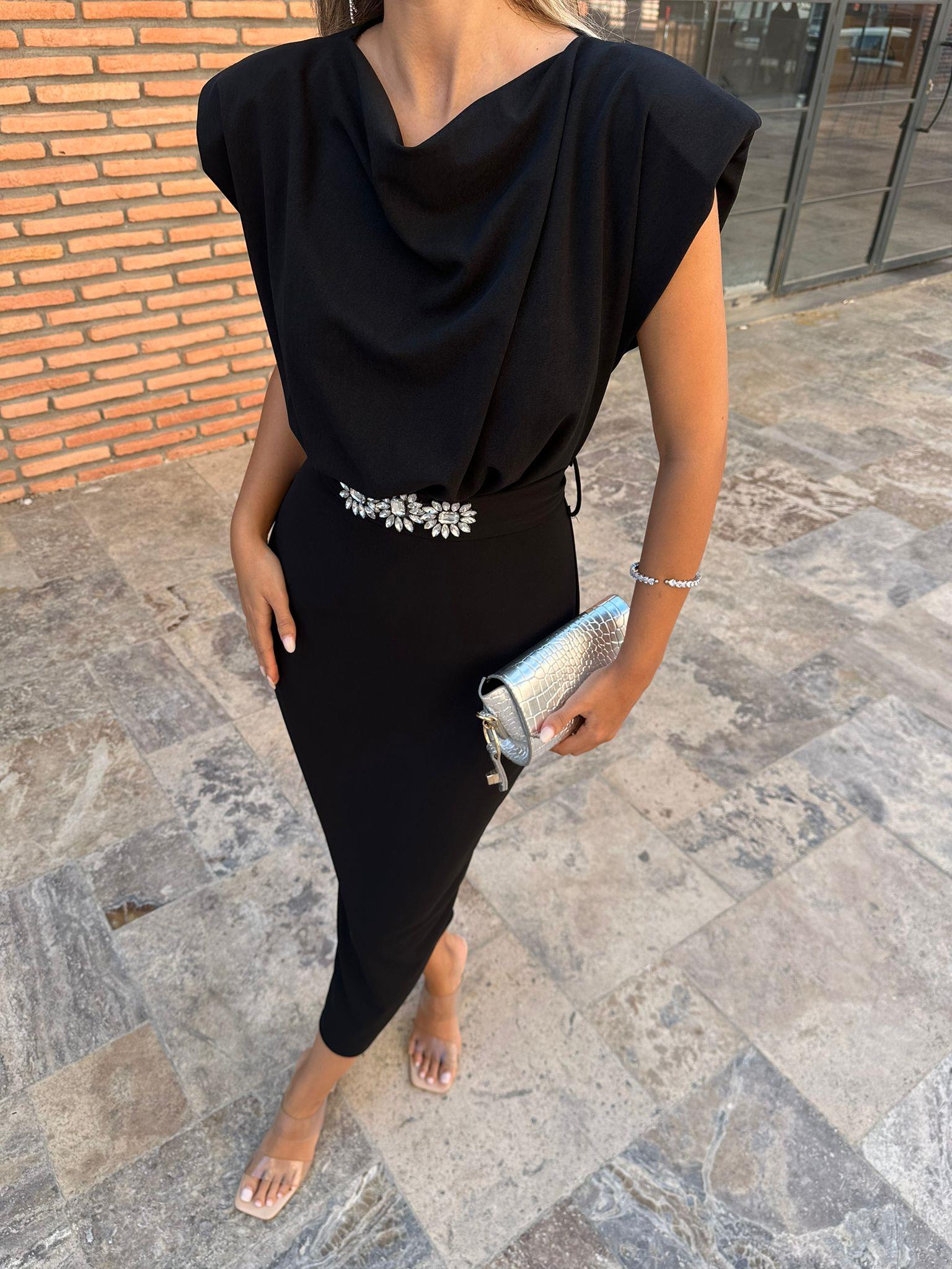 Taşlı Çiçek Kuşaklı Siyah Crep Elbise 070621223