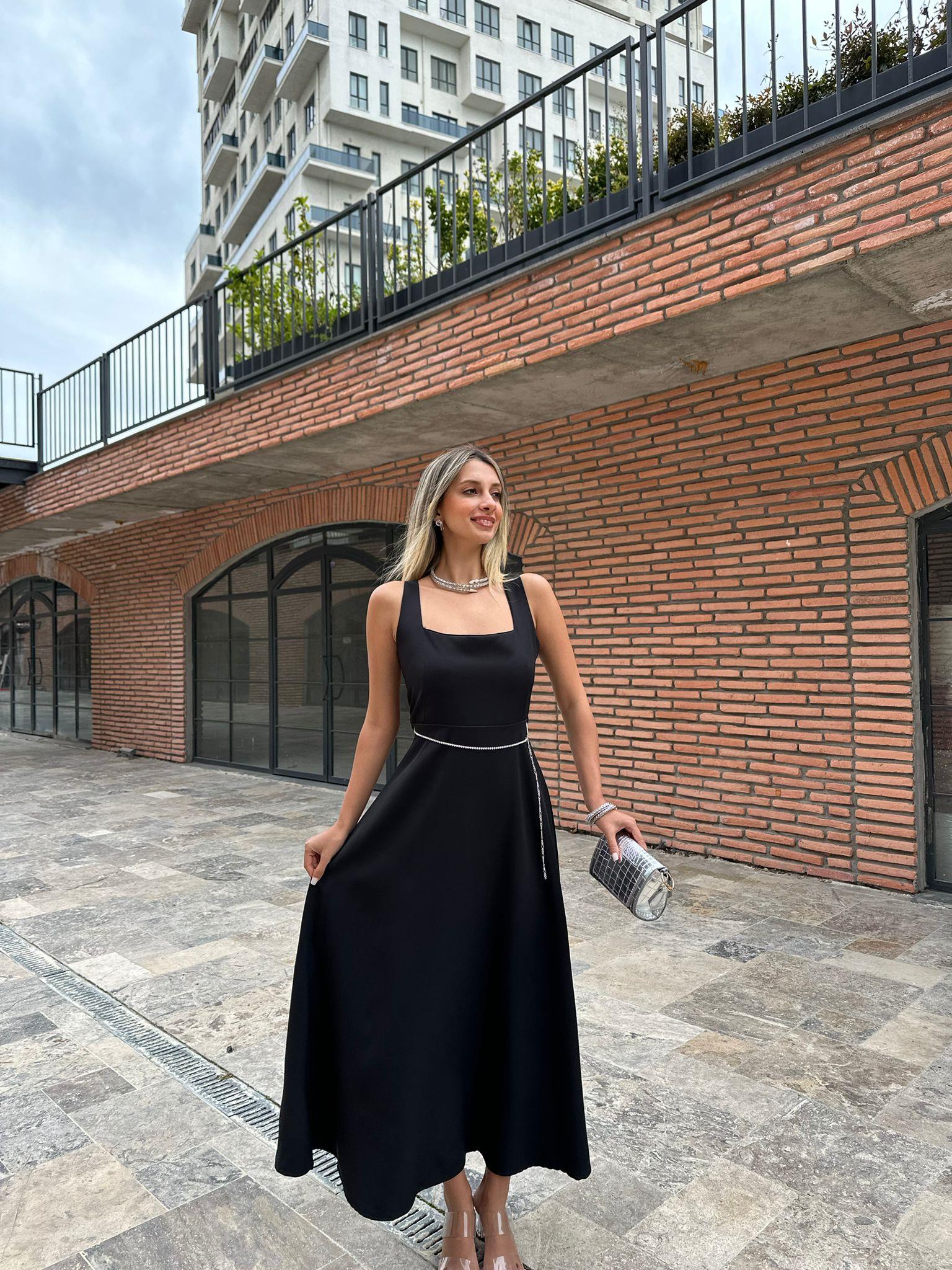 Taşlı Kemerli Siyah Princess Elbise 07062109
