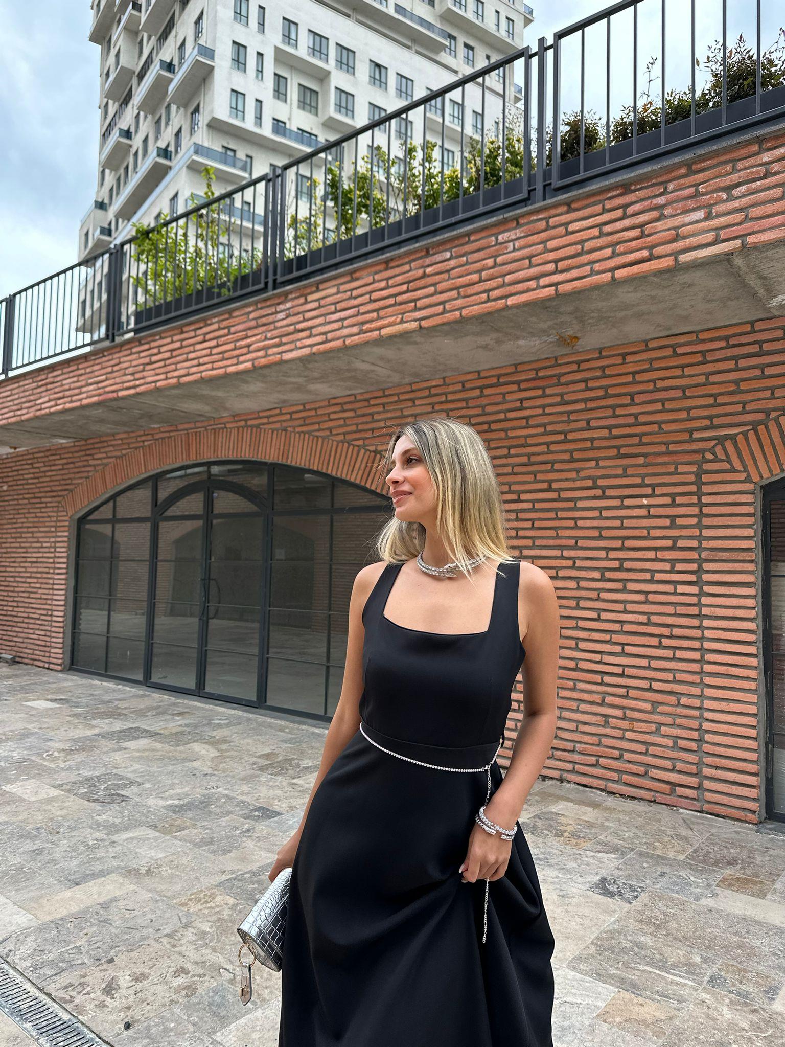 Taşlı Kemerli Siyah Princess Elbise 07062109