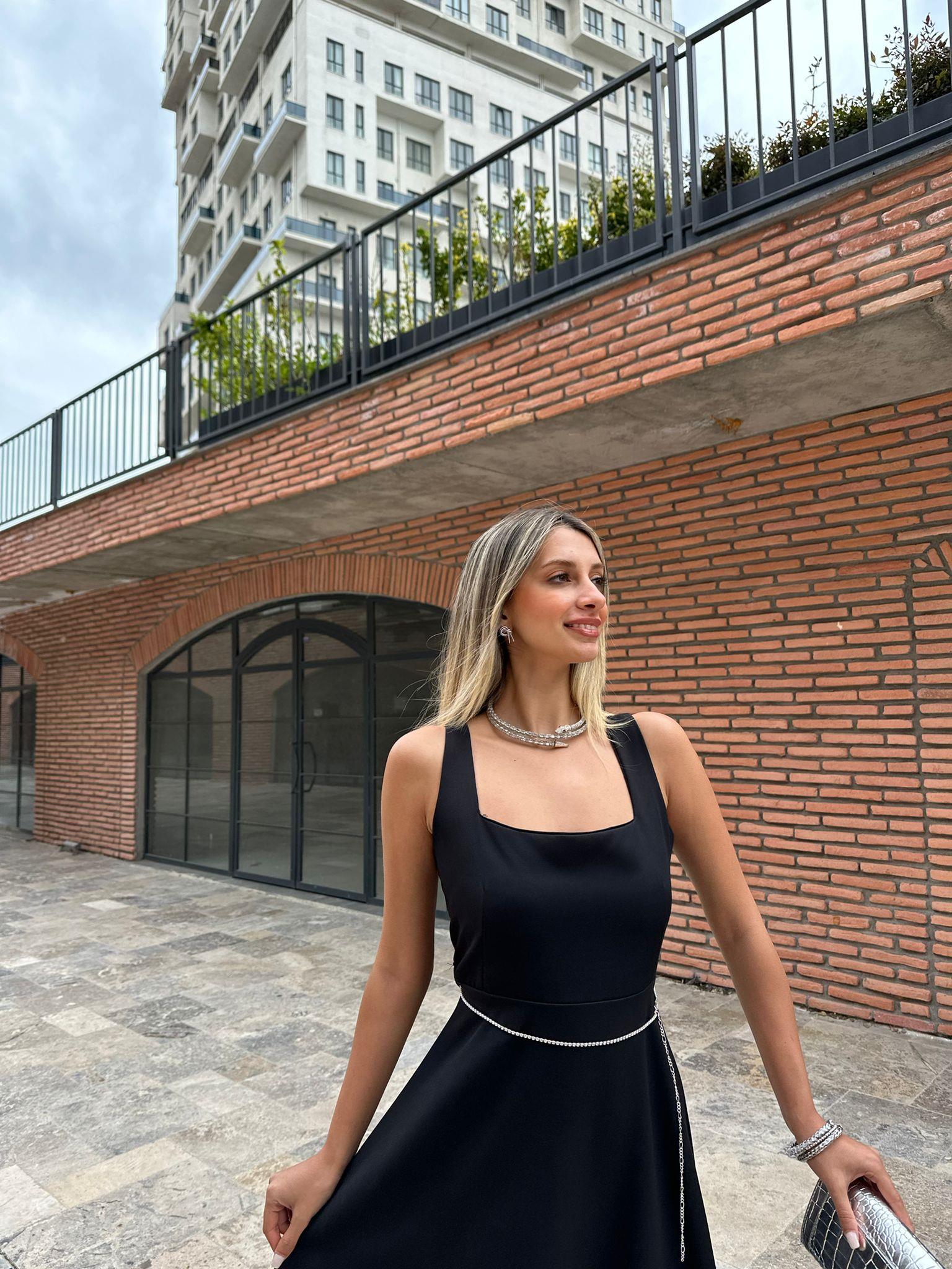 Taşlı Kemerli Siyah Princess Elbise 07062109