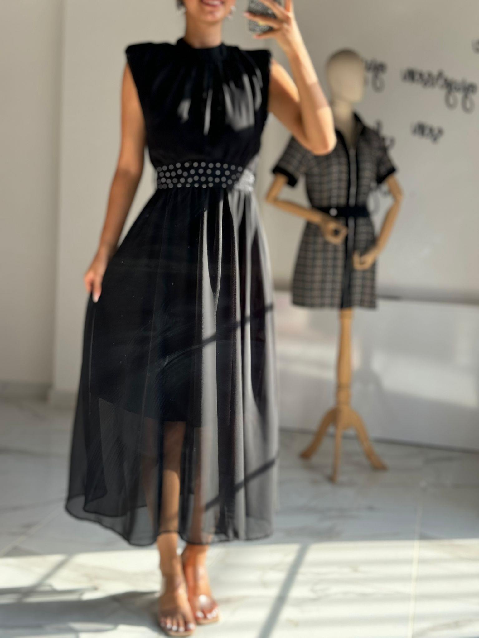 Taşlı Kuşaklı Siyah Astarlı Şifon Elbise 070621126