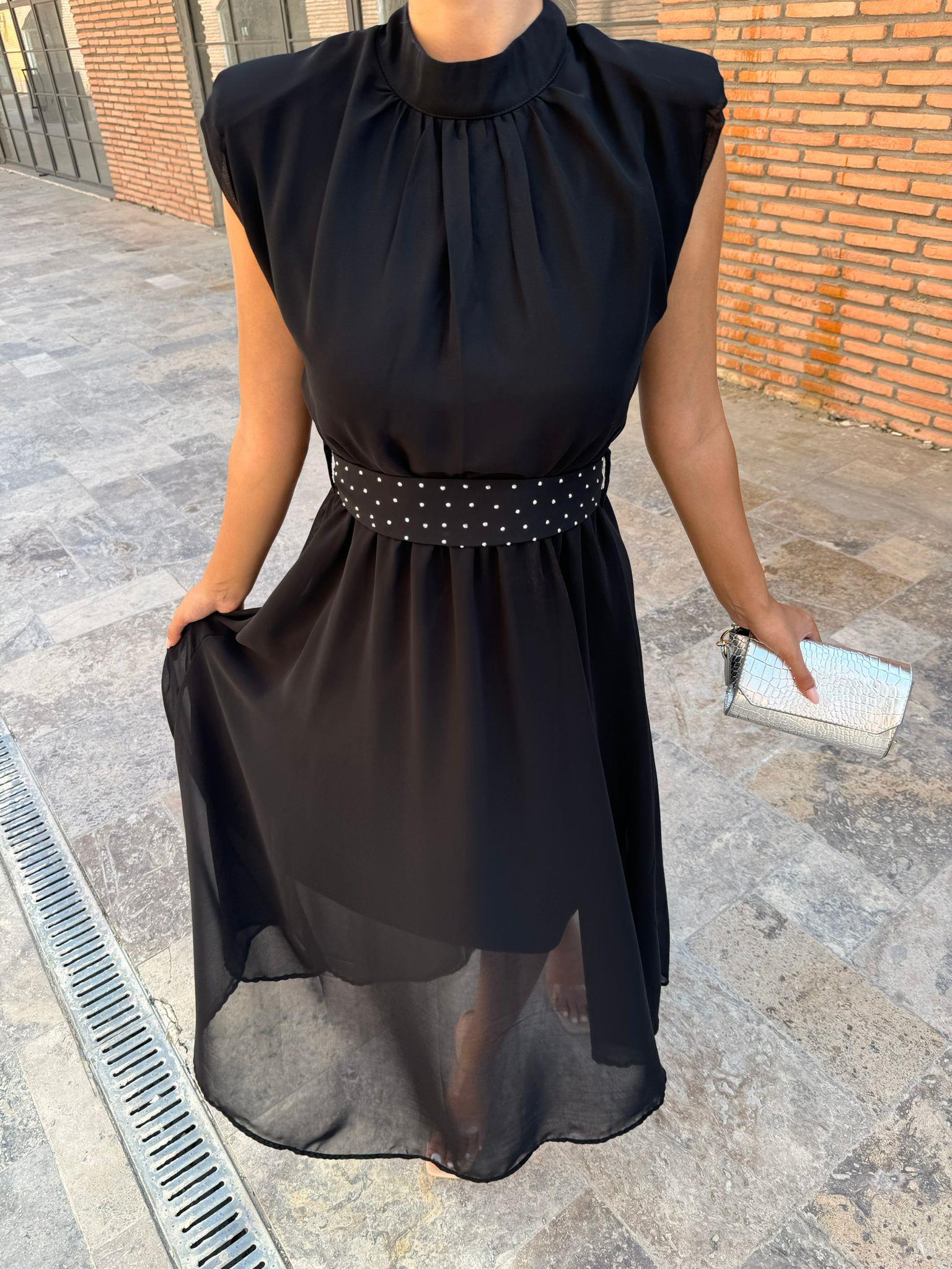 Taşlı Kuşaklı Siyah Astarlı Şifon Elbise 070621126