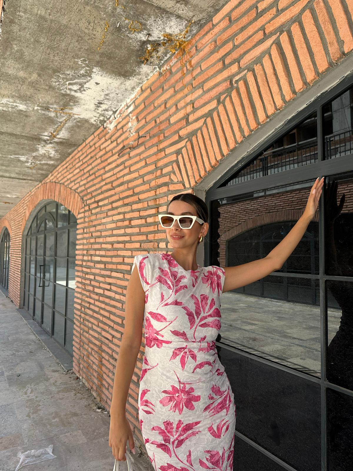 Tatya Yaprak Desen Pembe Keten Elbise 070621125
