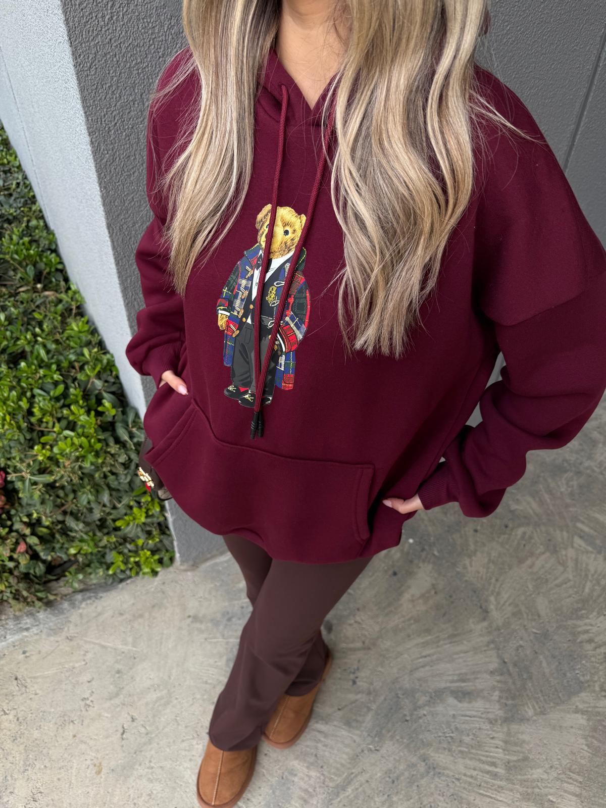 Teddy Baskı Kapüşonlu Bordo Sweat swt1045ogz