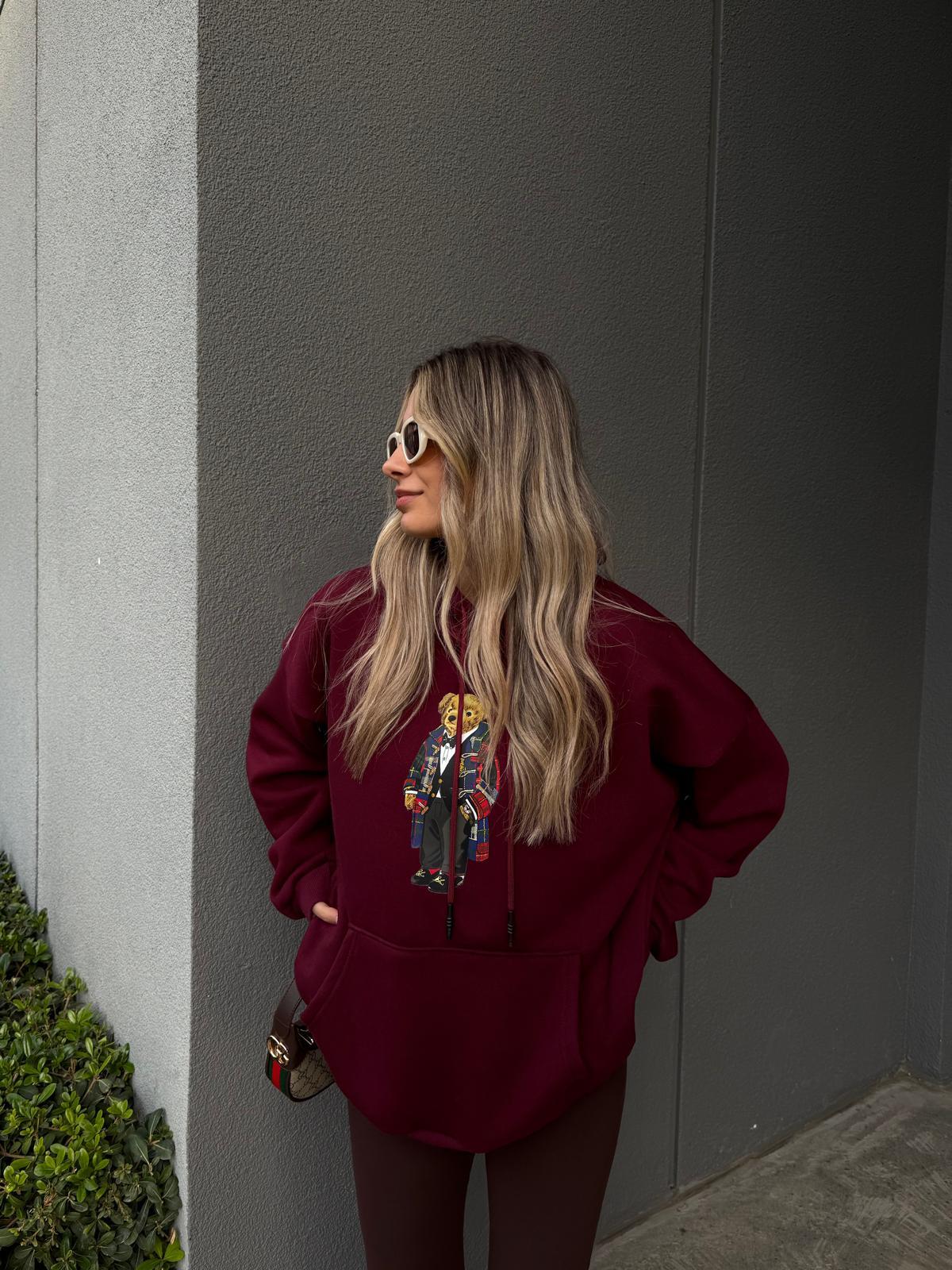 Teddy Baskı Kapüşonlu Bordo Sweat swt1045ogz