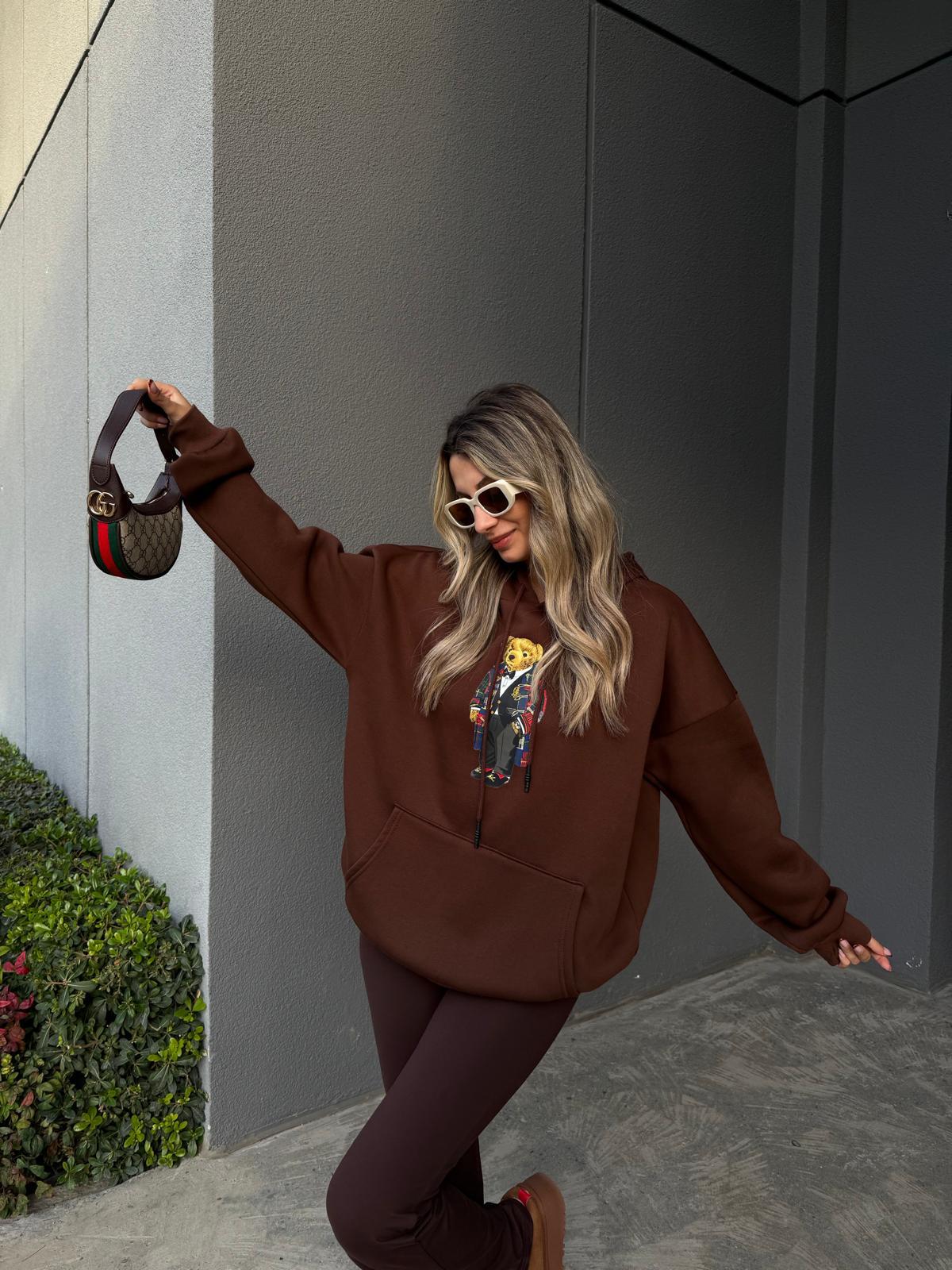 Teddy Baskı Kapüşonlu Kahverengi Sweat swt1045ogz
