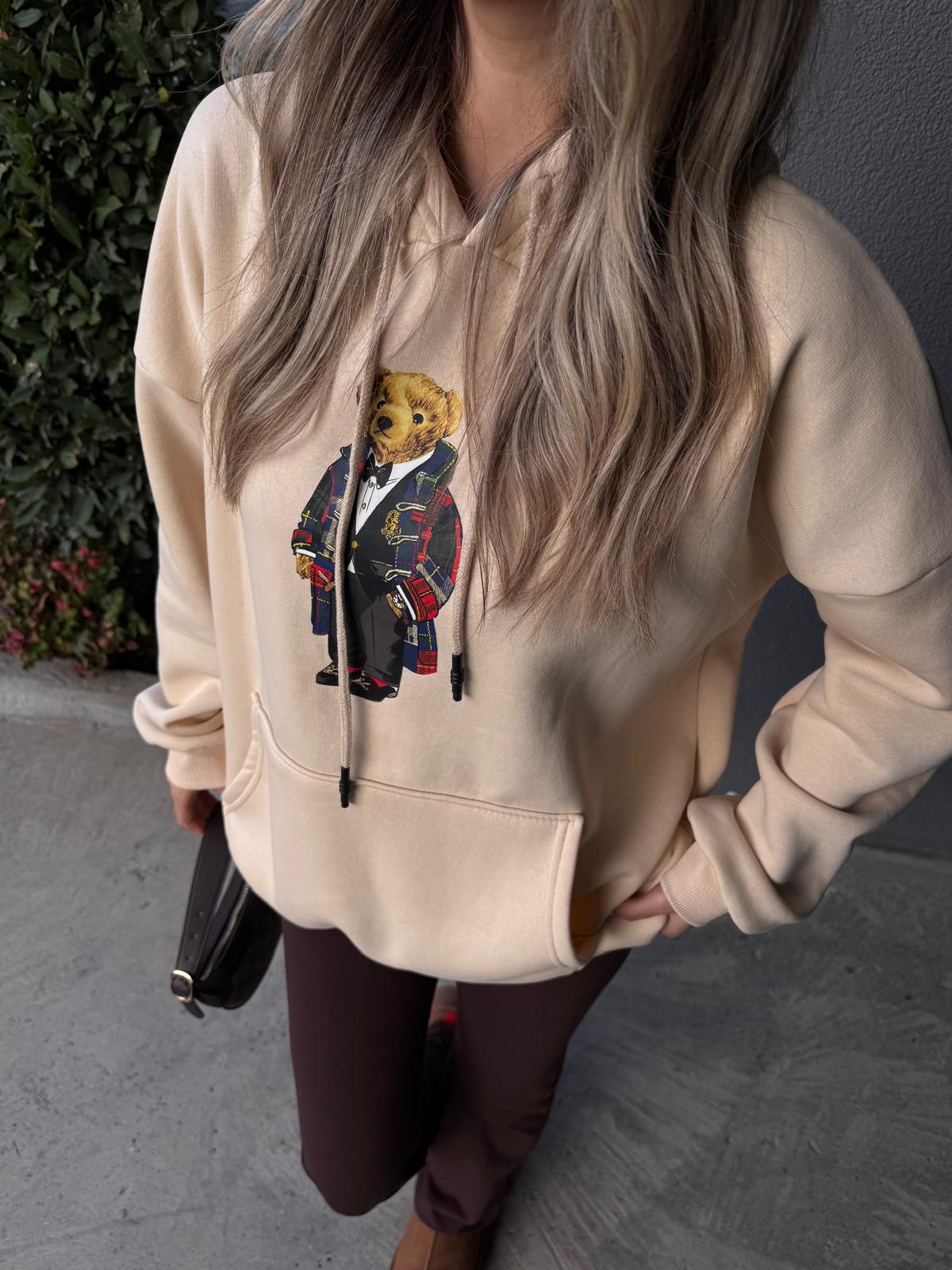 Teddy Baskı Kapüşonlu Krem Sweat swt1045ogz