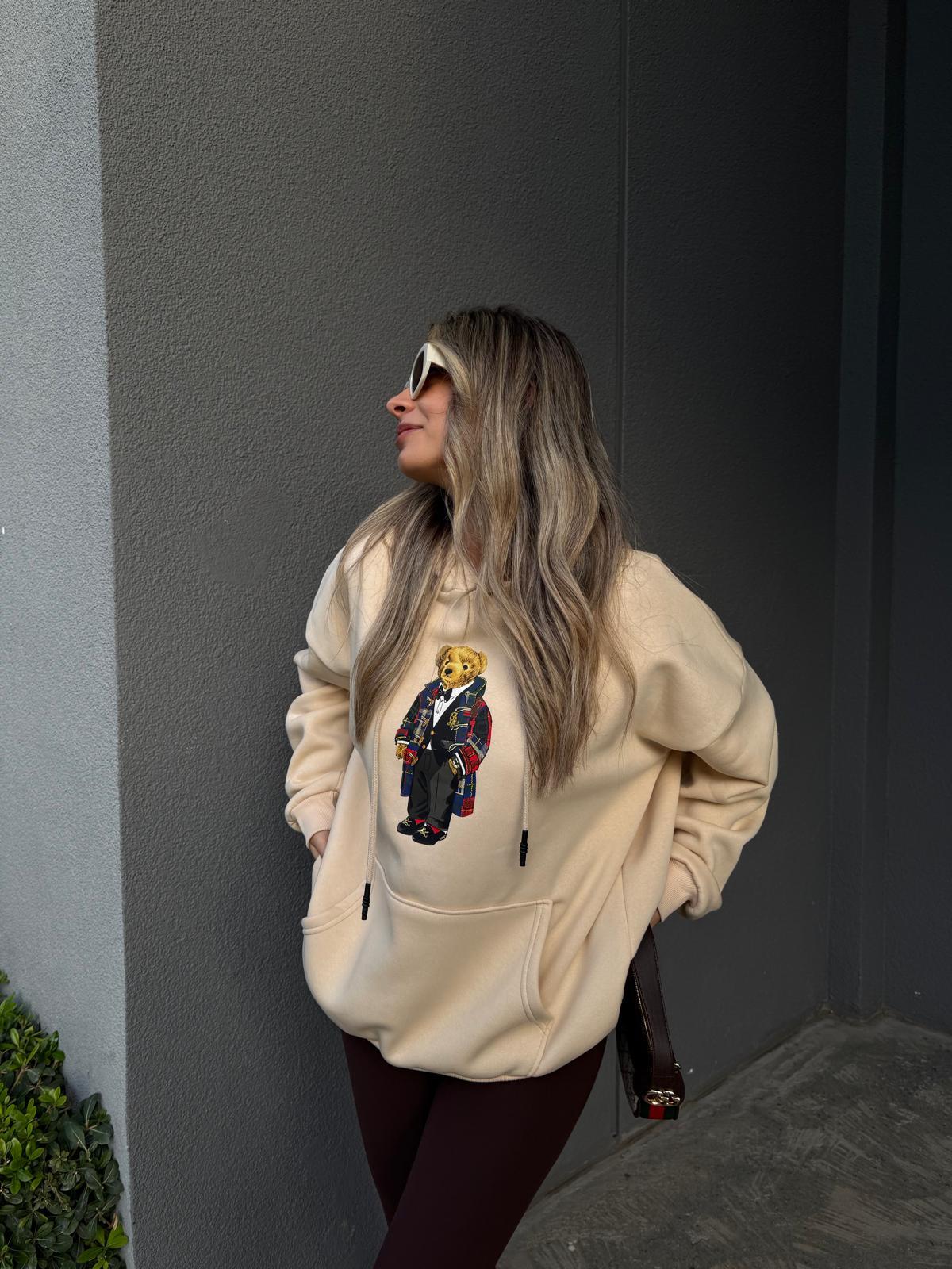 Teddy Baskı Kapüşonlu Krem Sweat swt1045ogz