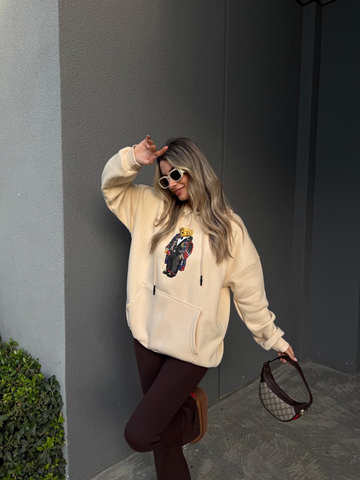 Teddy Baskı Kapüşonlu Krem Sweat swt1045ogz