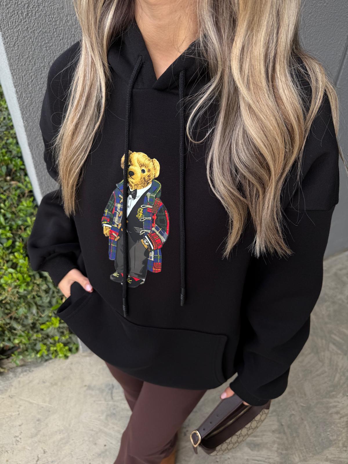 Teddy Baskı Kapüşonlu Siyah Sweat swt1045ogz