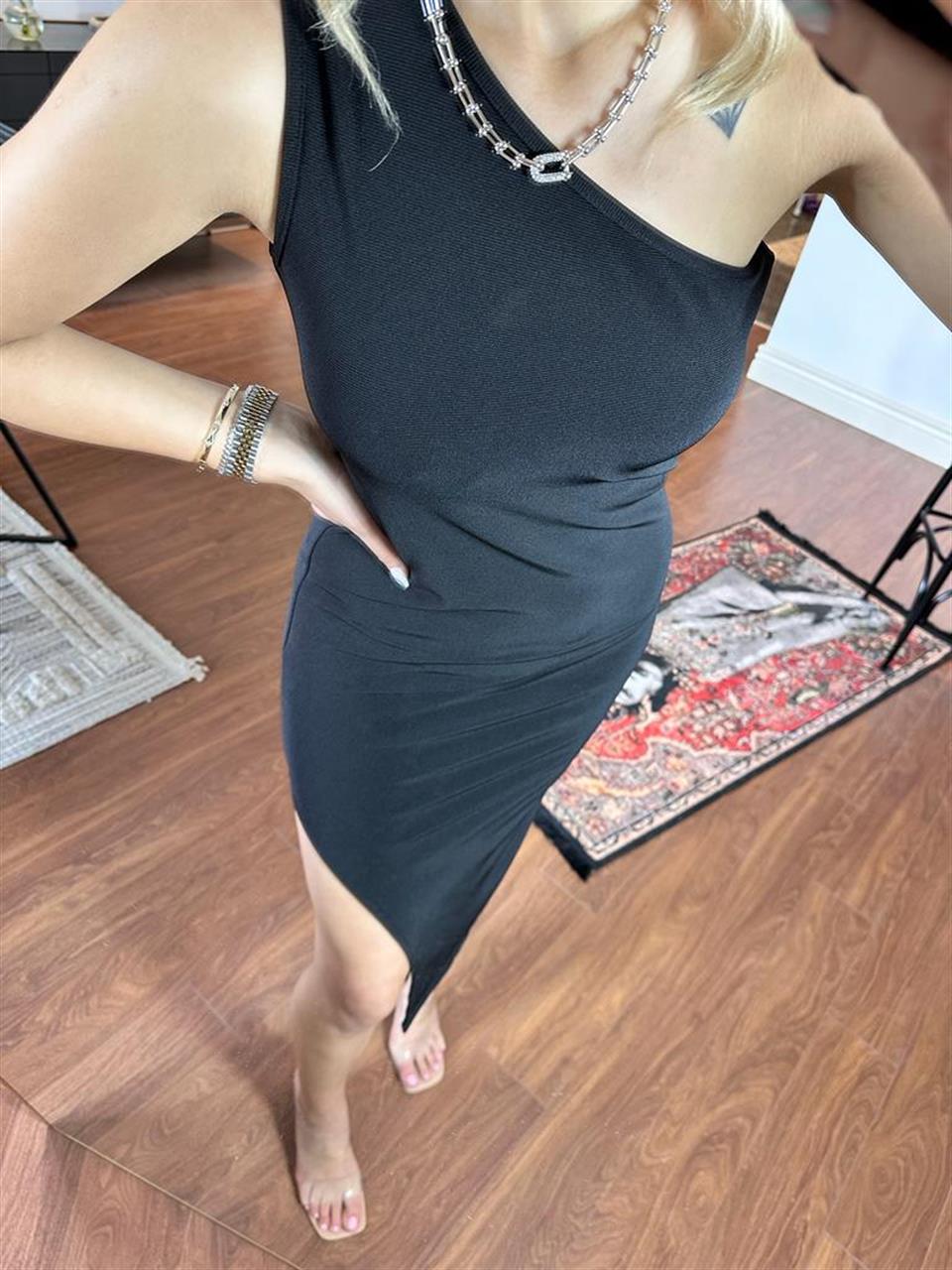 Tek omuz yırtmaçlı kalem elbise 2705244