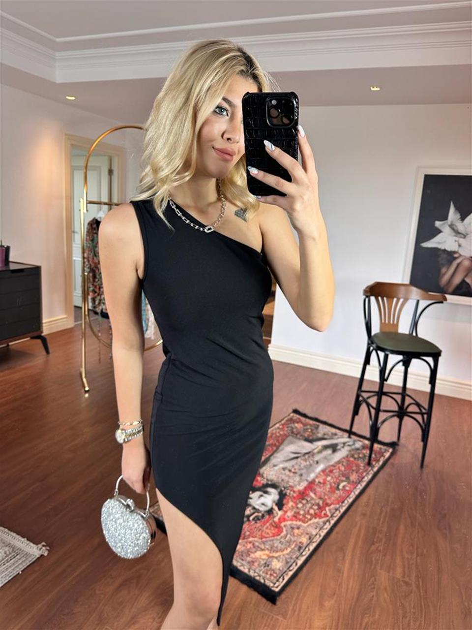 Tek omuz yırtmaçlı kalem elbise 2705244