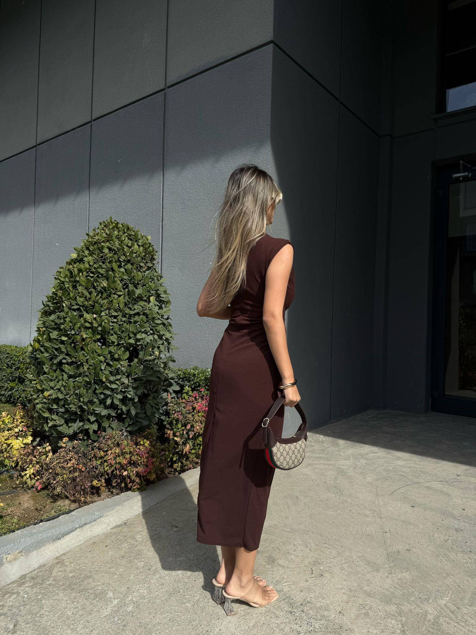 Teria Göğüs Düğümlü Krep Elbise Kahverengi yelb2226grs