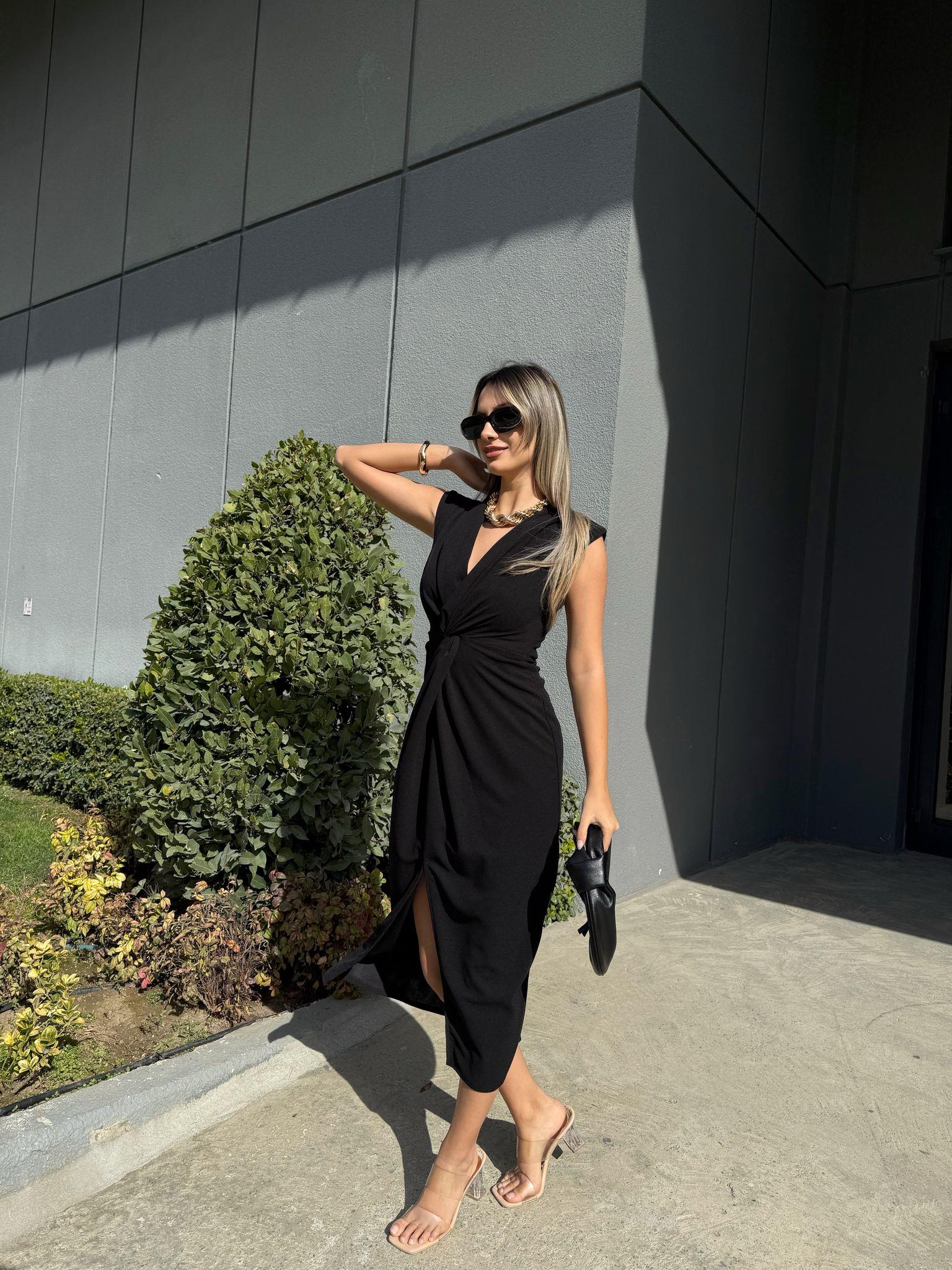 Teria Göğüs Düğümlü Krep Elbise Siyah yelb2226grs