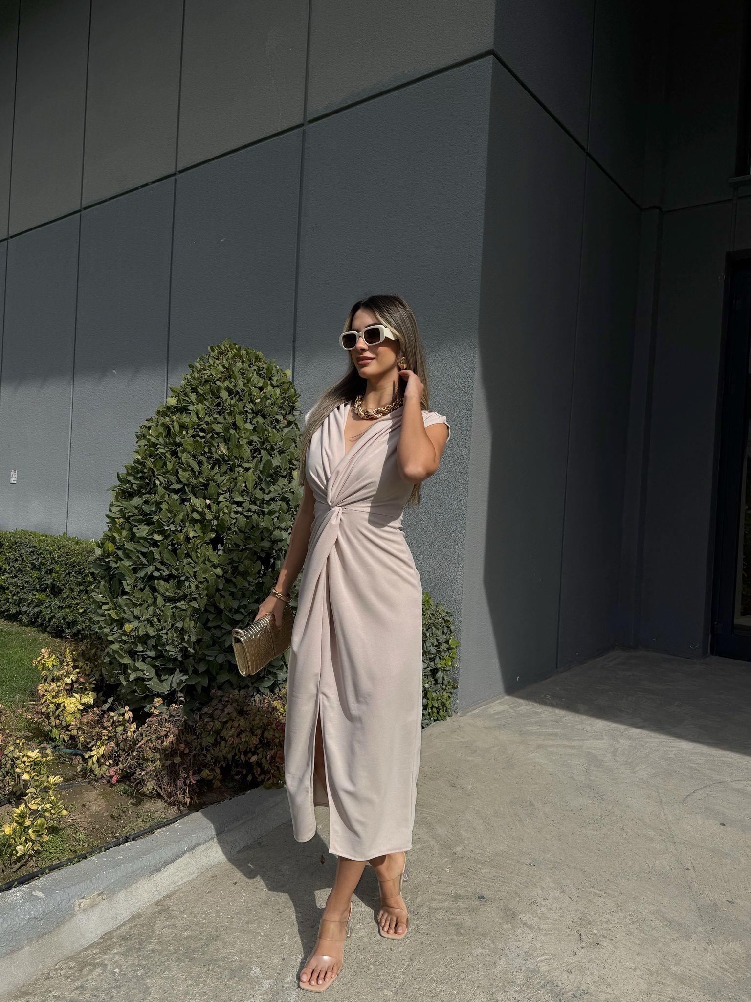 Teria Göğüs Düğümlü Krep Elbise Vizon yelb2226grs