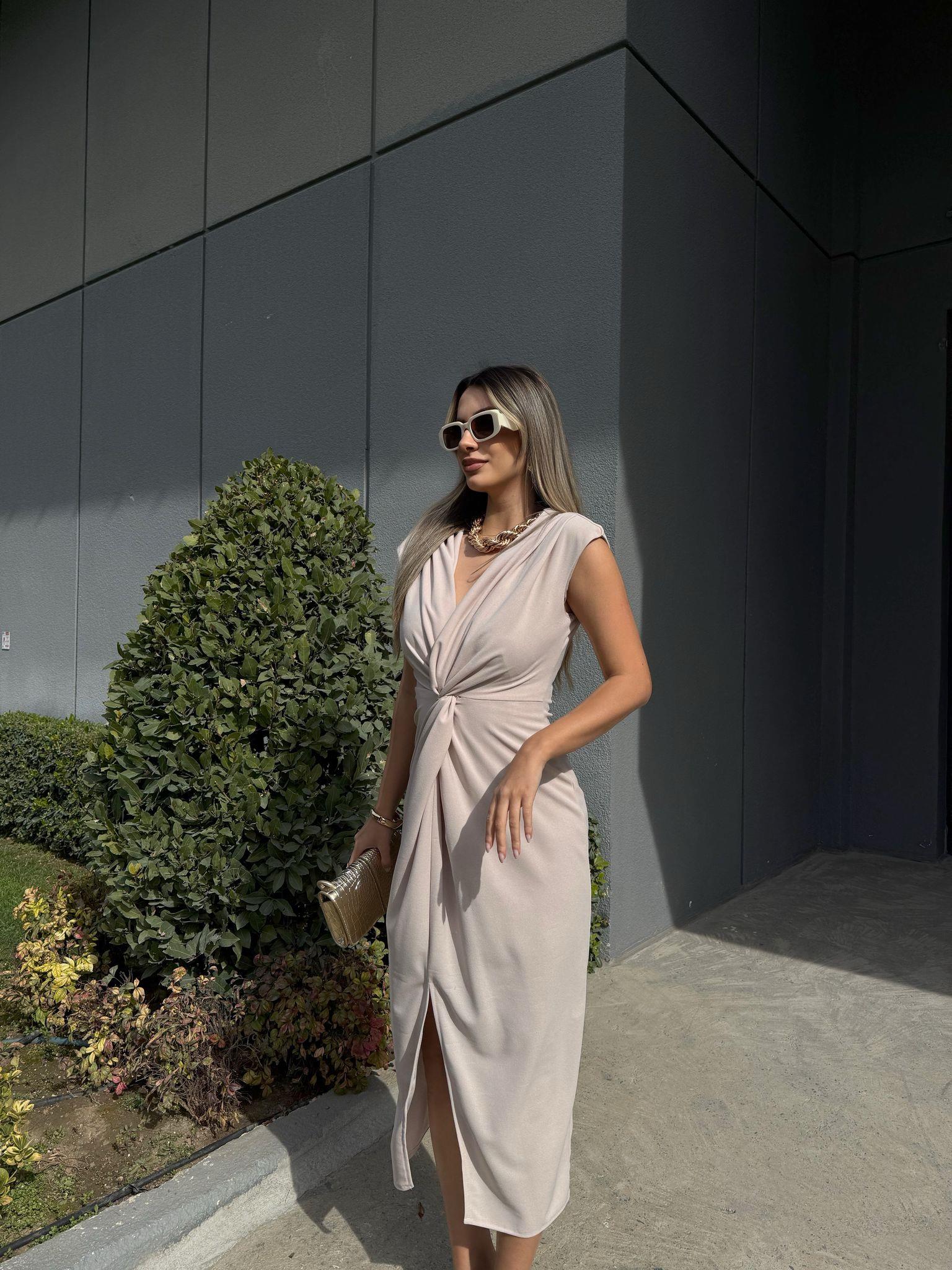 Teria Göğüs Düğümlü Krep Elbise Vizon yelb2226grs