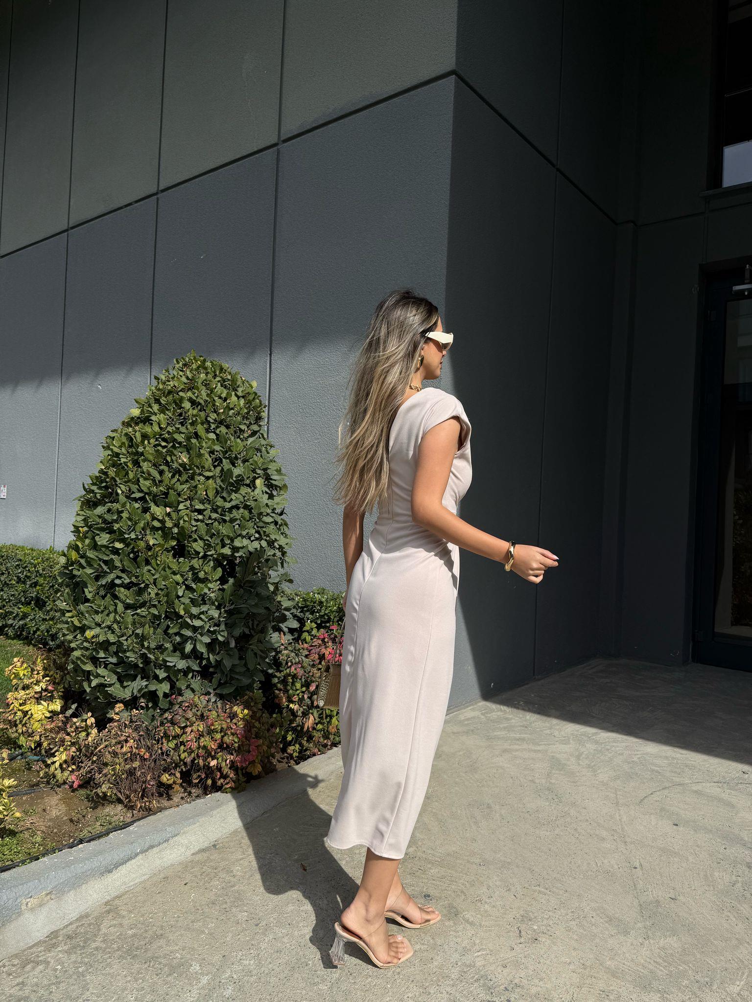Teria Göğüs Düğümlü Krep Elbise Vizon yelb2226grs