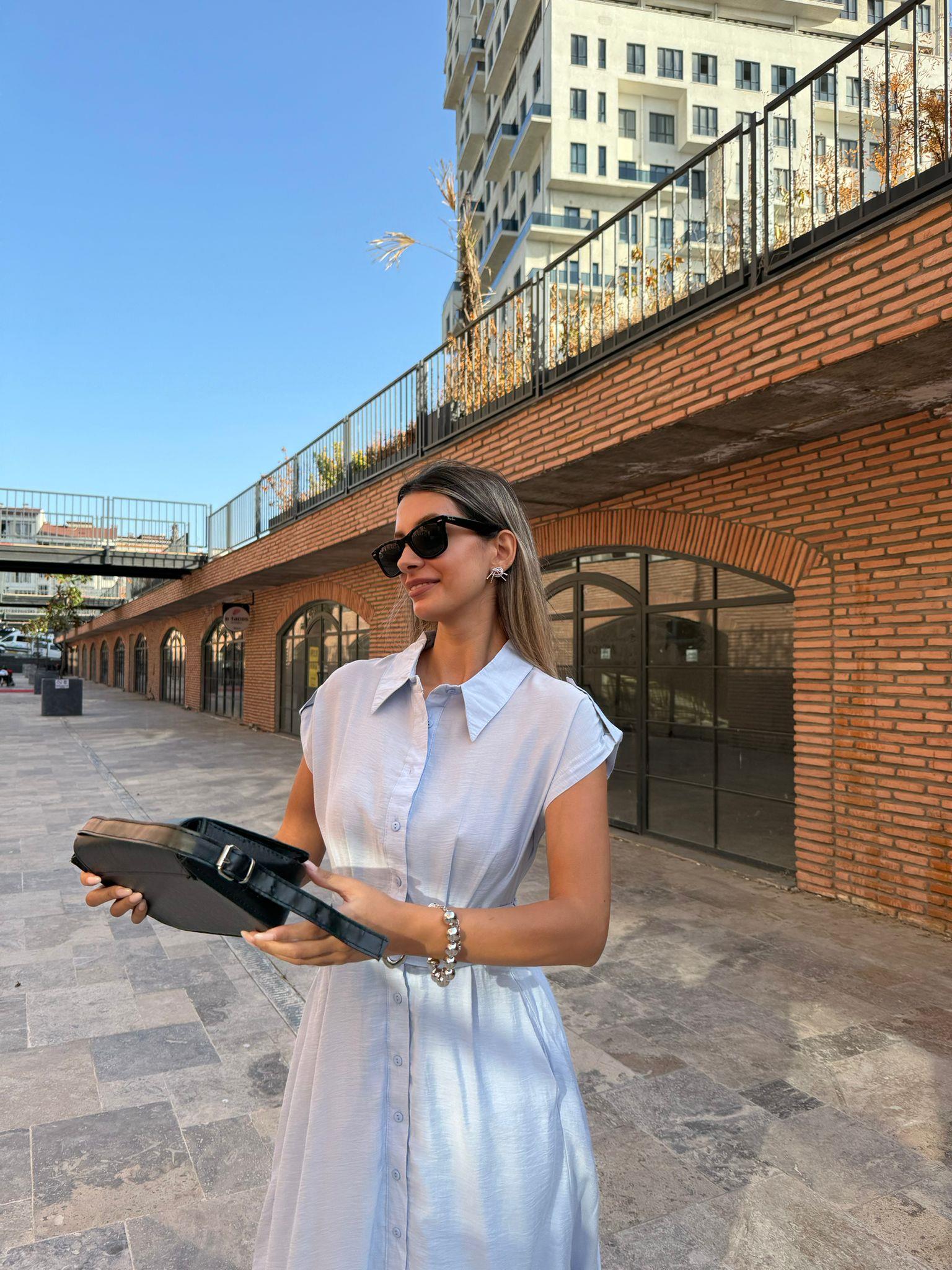 Tokalı Kemerli Gömlek Elbise Açık Mavi 070621136