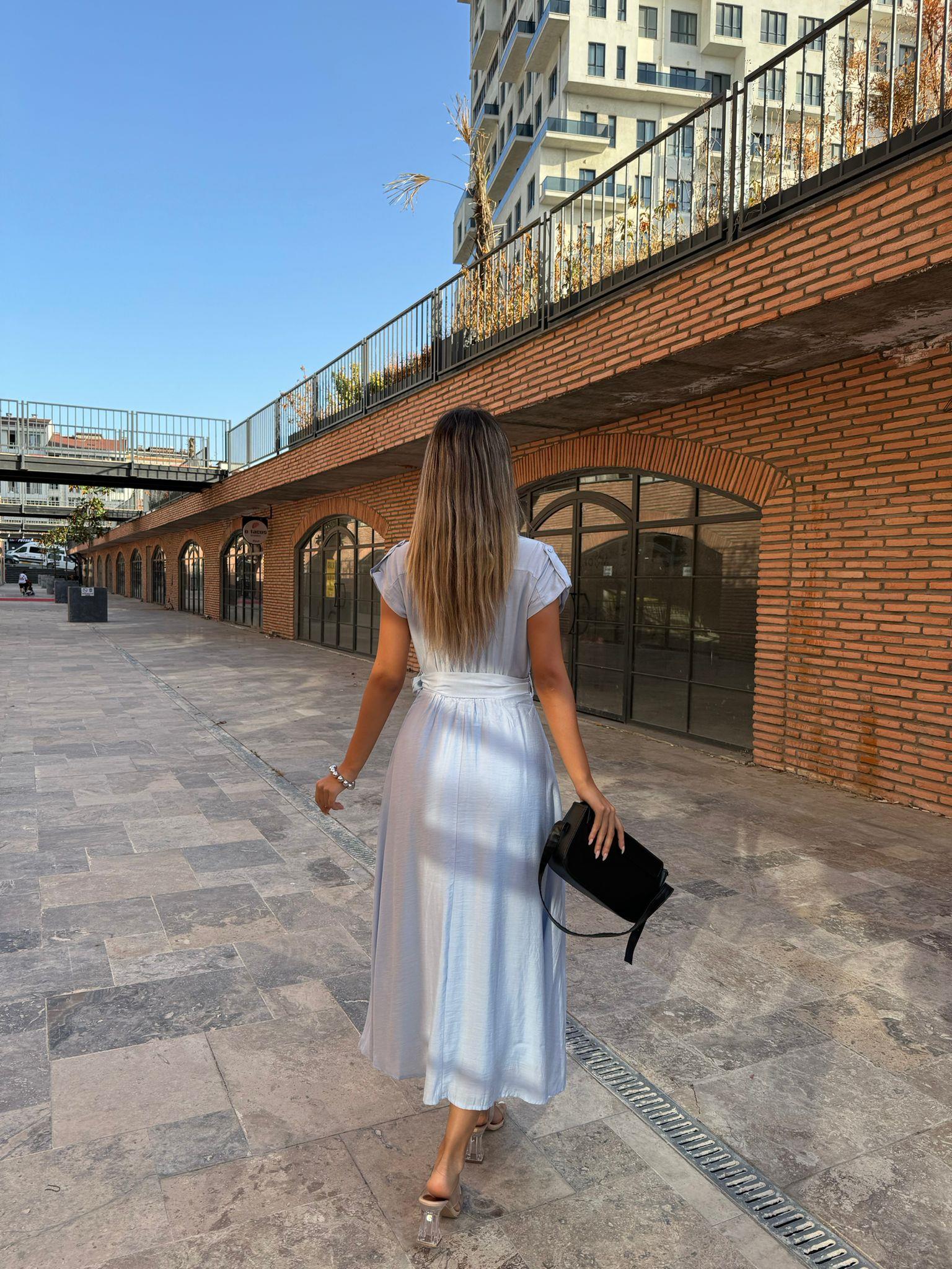Tokalı Kemerli Gömlek Elbise Açık Mavi 070621136