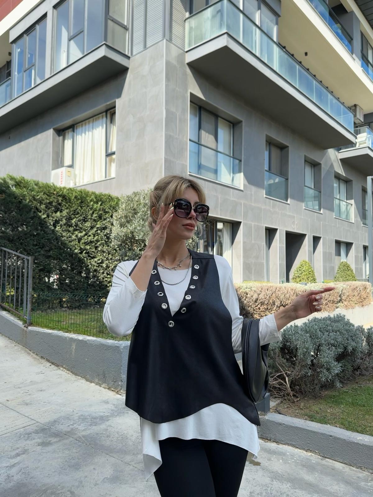 Tola Kuş Gözü Yelekli Beyaz Bluz  17501