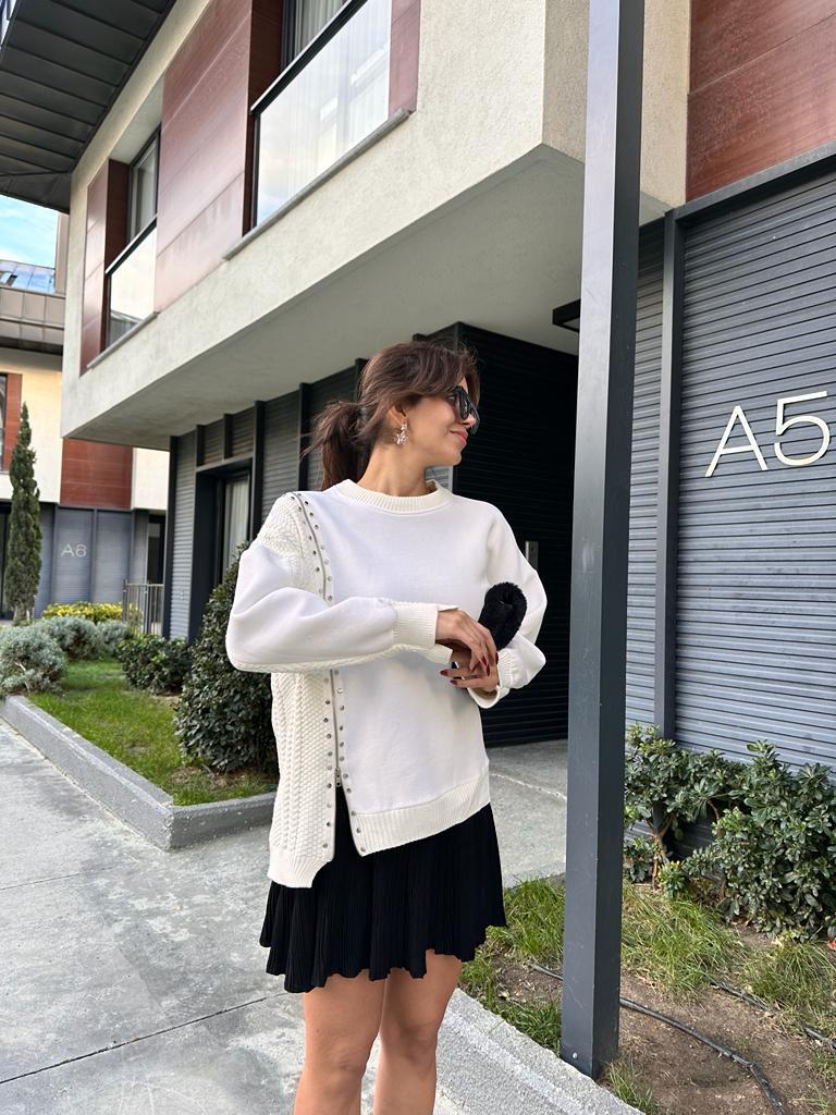 Triko Garnili Fermuarlı Marka Muadili Sweat Beyaz 1707502