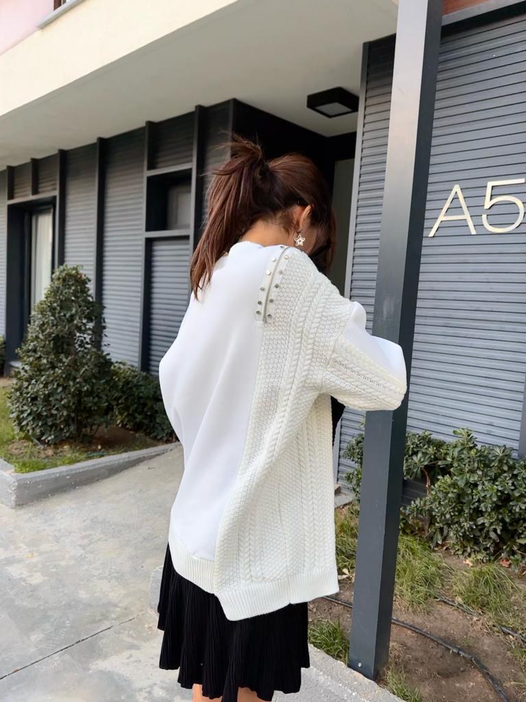 Triko Garnili Fermuarlı Marka Muadili Sweat Beyaz 1707502