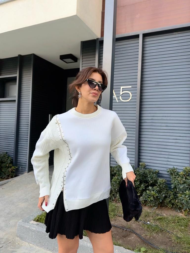 Triko Garnili Fermuarlı Marka Muadili Sweat Beyaz 1707502