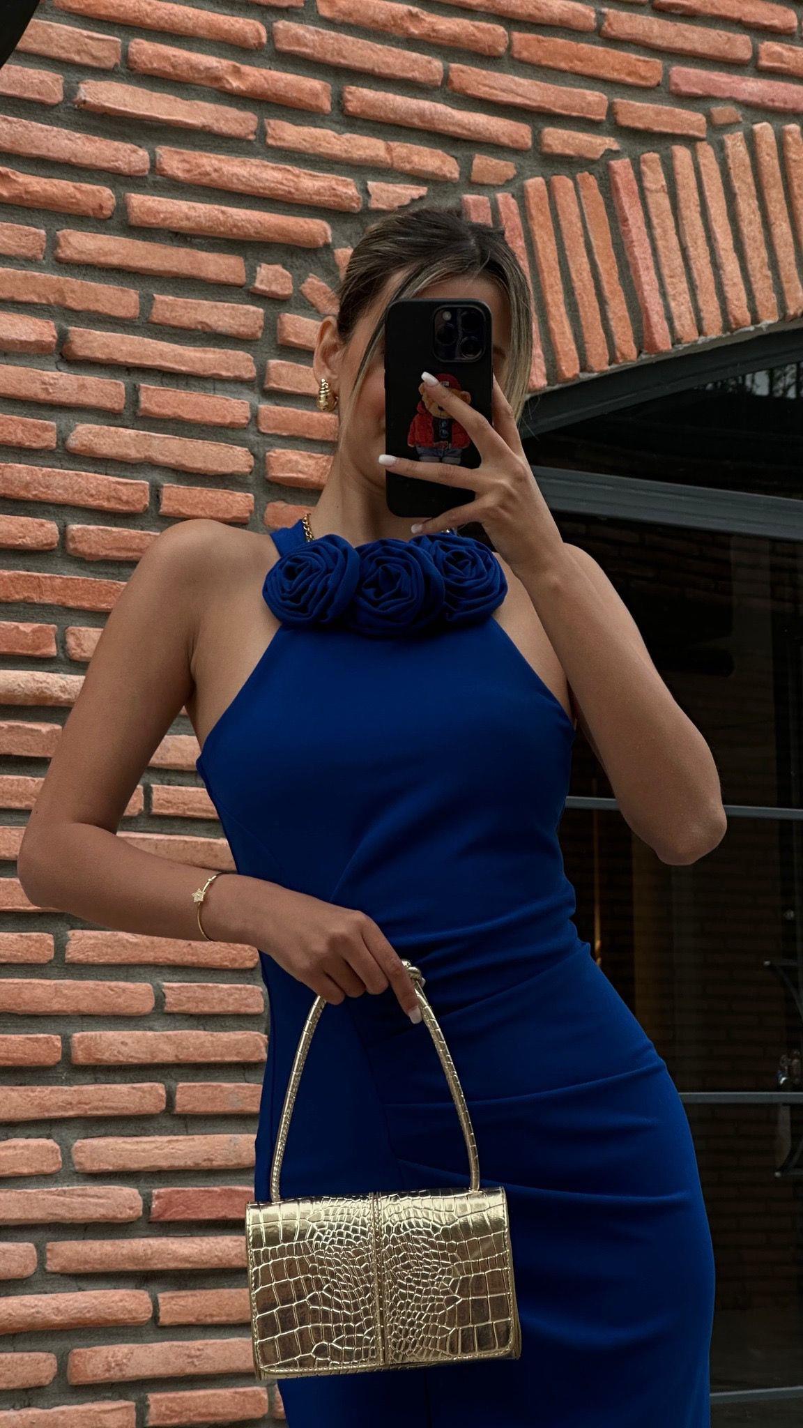 Üçlü Gül Aksesuarlı Halter Yaka Kalem Elbise Saks 07062164