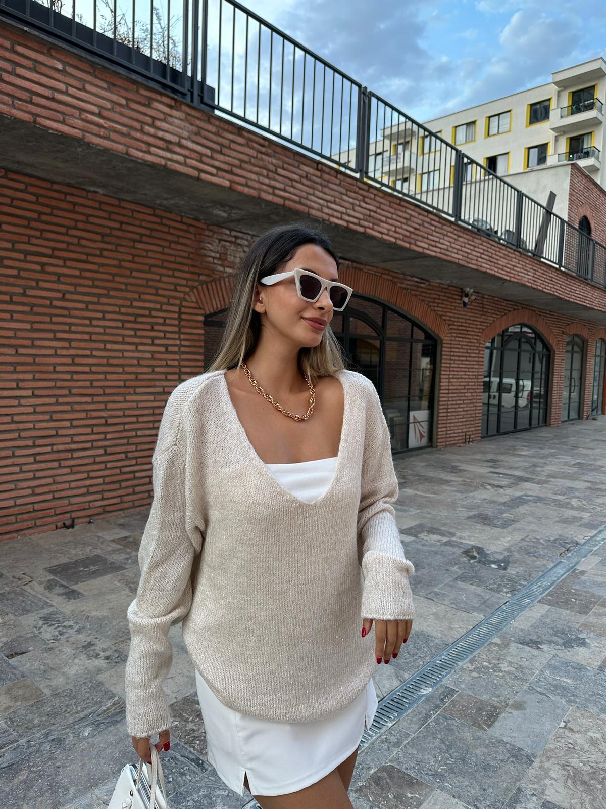 V Yaka Kendinden Simli Triko Taş kzk1069nsn