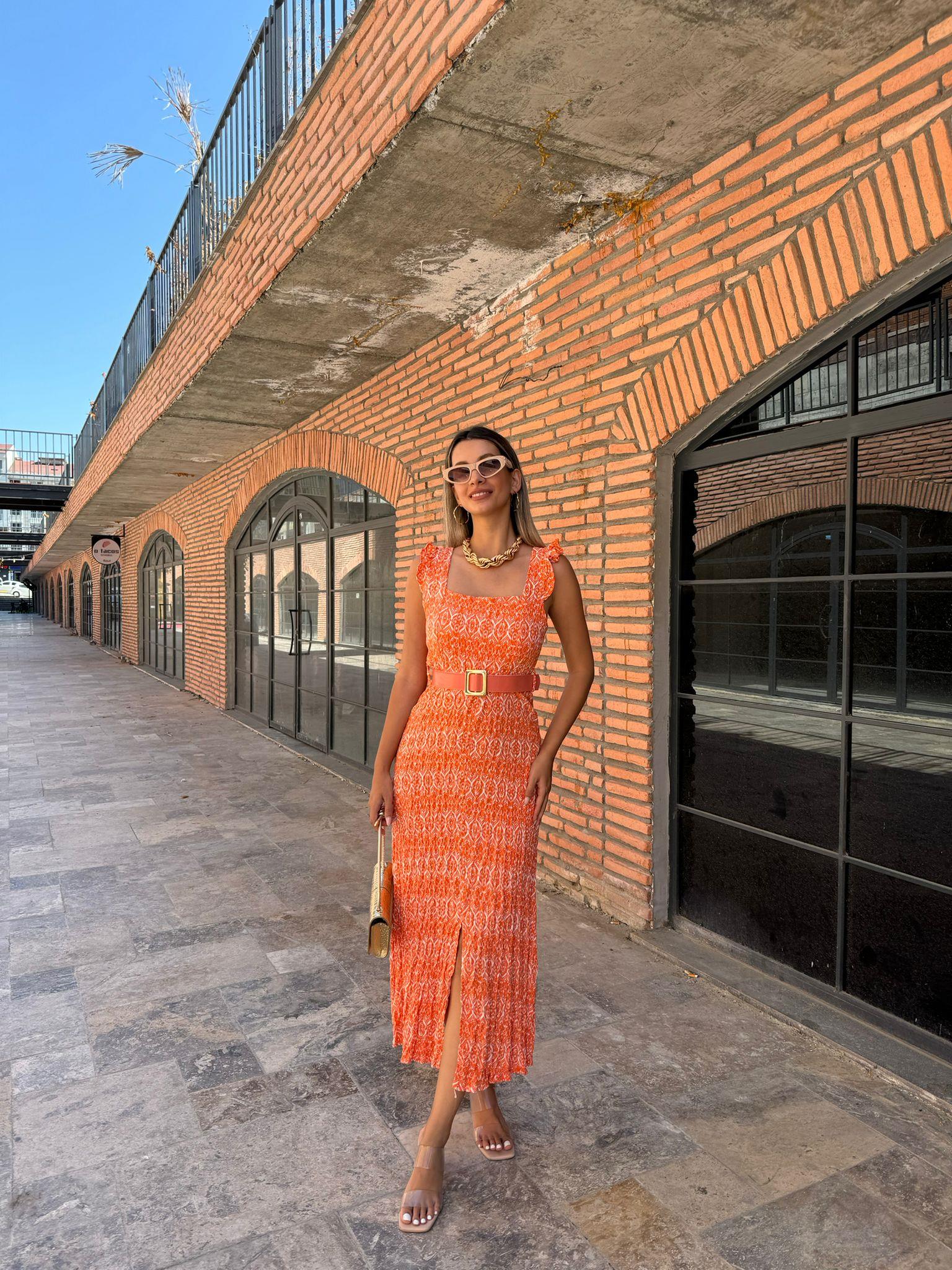Via Kemerli Turuncu Elbise 070621135