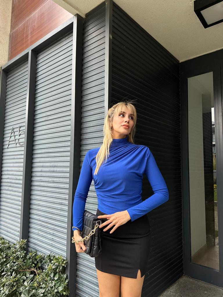 Yaka Pilili Saks Mavisi Buzzy Bluz  17074511