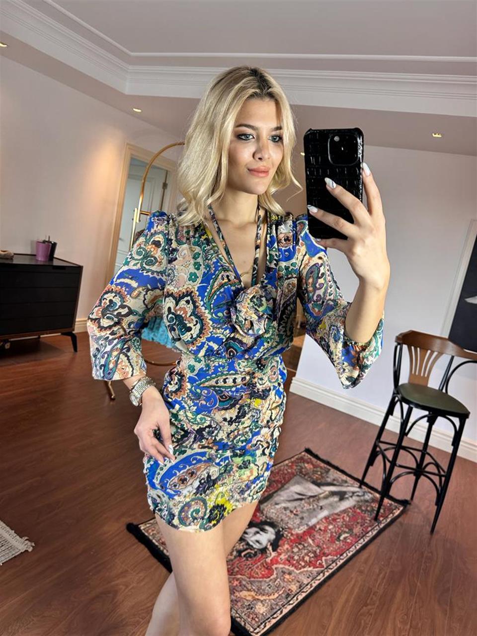 Yakası Güllü Şifon Elbise Saks 2805251
