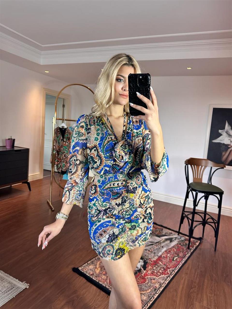 Yakası Güllü Şifon Elbise Saks 2805251