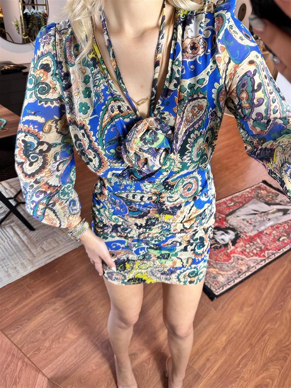 Yakası Güllü Şifon Elbise Saks 2805251