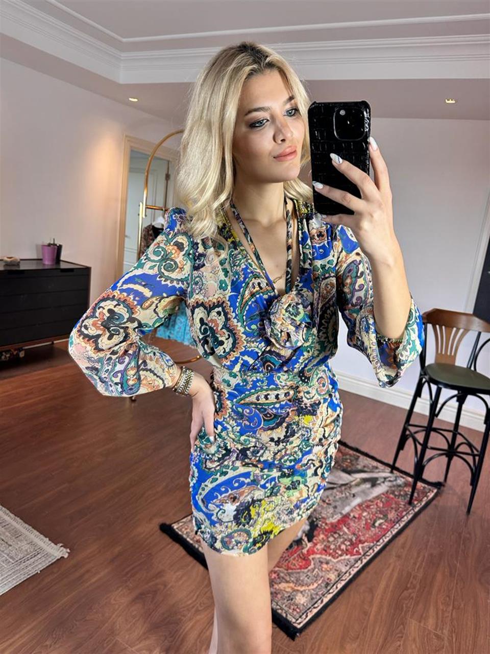 Yakası Güllü Şifon Elbise Saks 2805251
