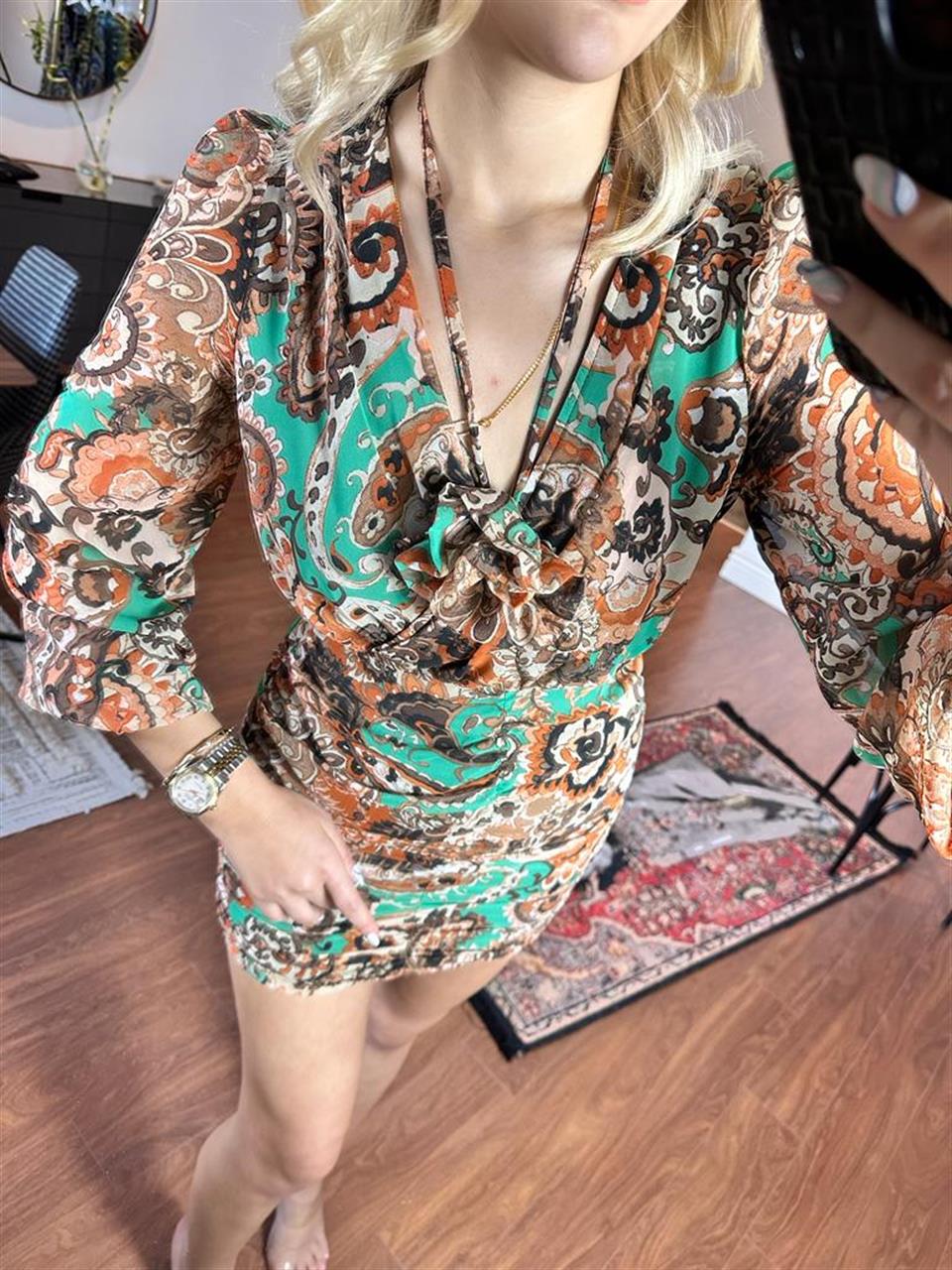 Yakası Güllü Şifon Elbise Yeşil 2805251